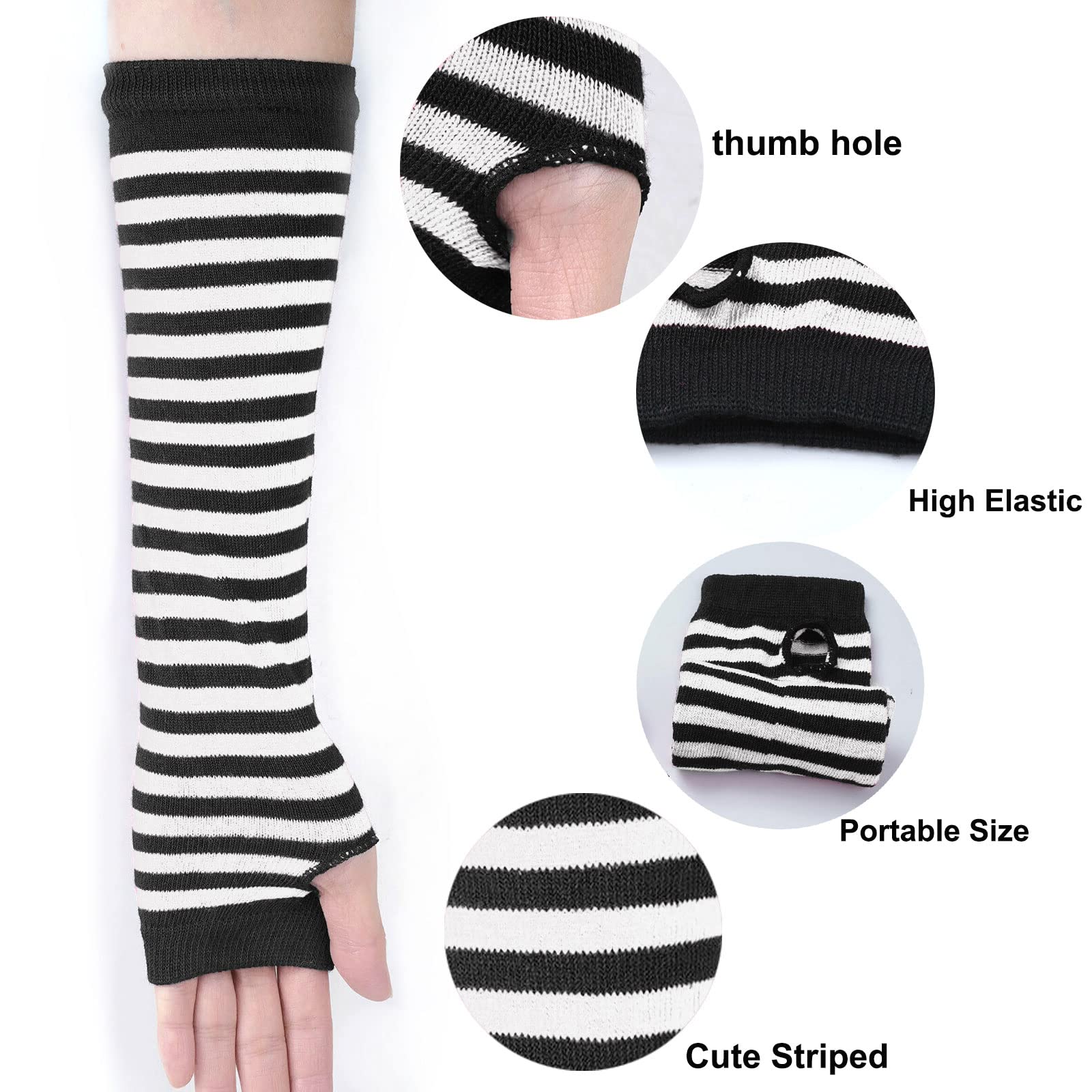 Ibeauti 8 Pcs Womens Striped Knee High Socks Stockings Y2K Goth Knitted Long Arm Warmer Fingerless Gloves Set: 4-black/Purple/Yellow/Pink
