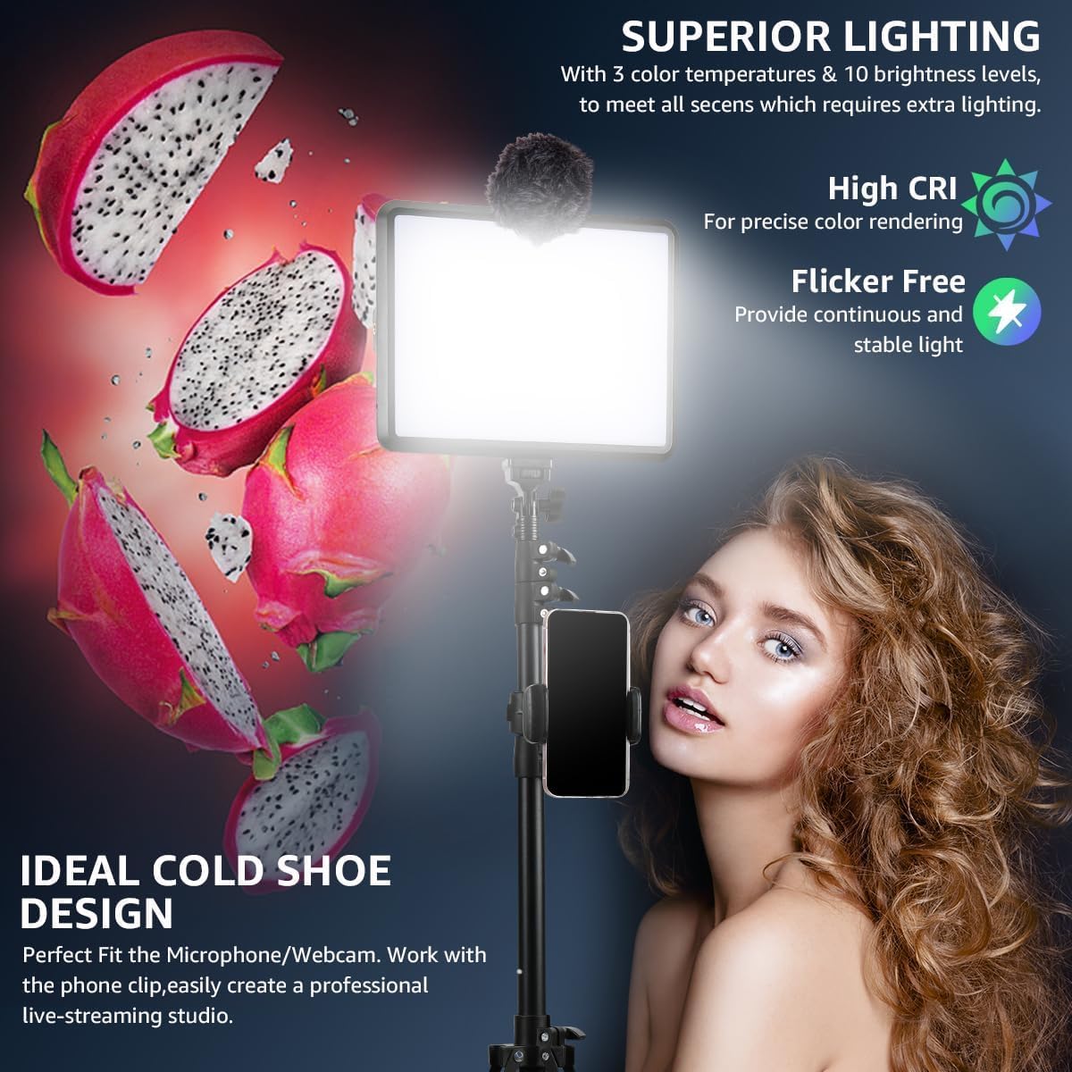 2-Pack Photography Lighting Kit, NiceVeedi 22W LED Video Light Kit, 2900-7000K Dimmable Studio Light with Tripod Stand, 73" Stream Light for Video Recording: 15W-1 Packs(USB-C Adapters)