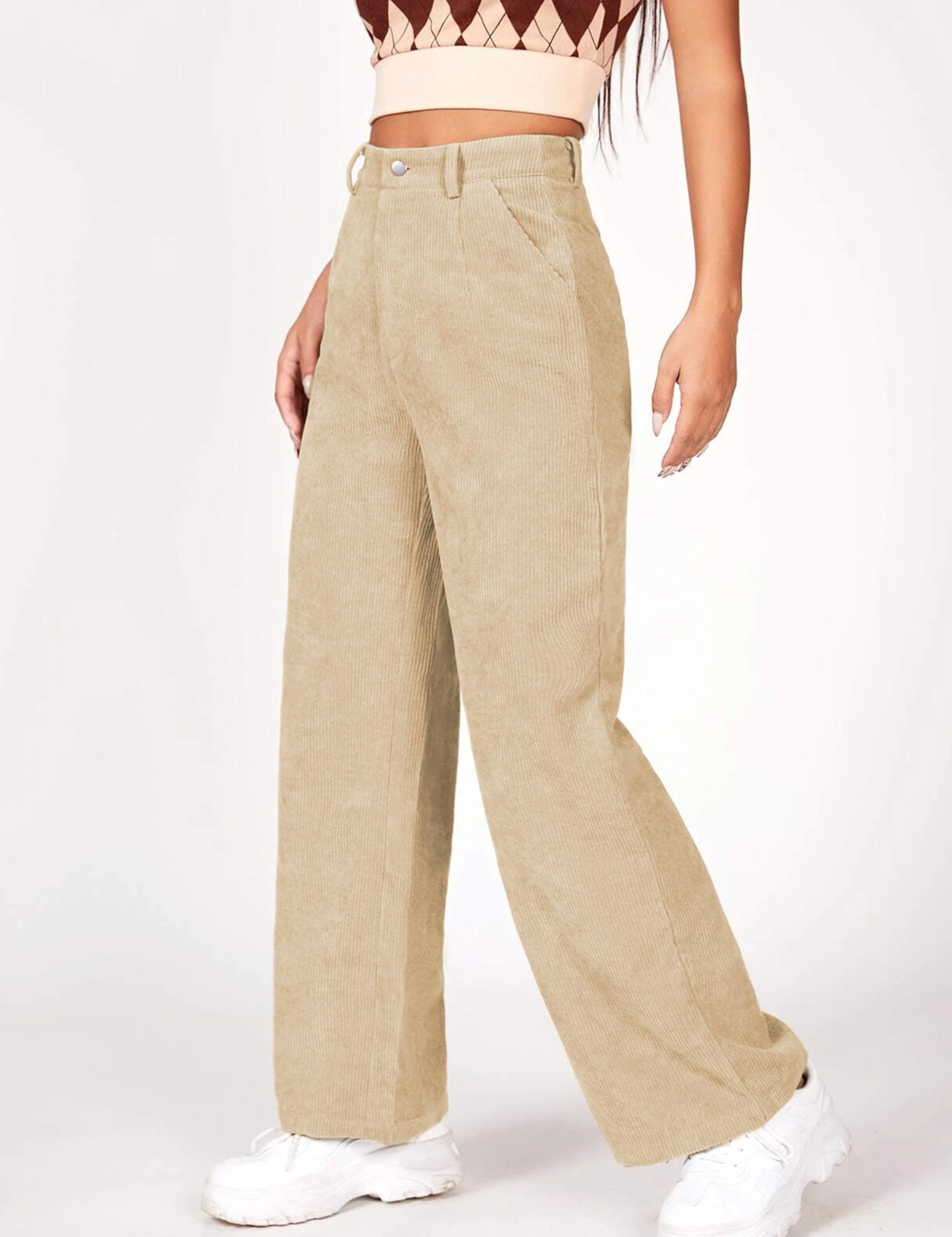 Himosyber Corduroy Pants for Women Casual Elastic High Waist Stretchy Wide Leg Pants Loose Fit Comfy Trousers with Pockets thumbnail 3