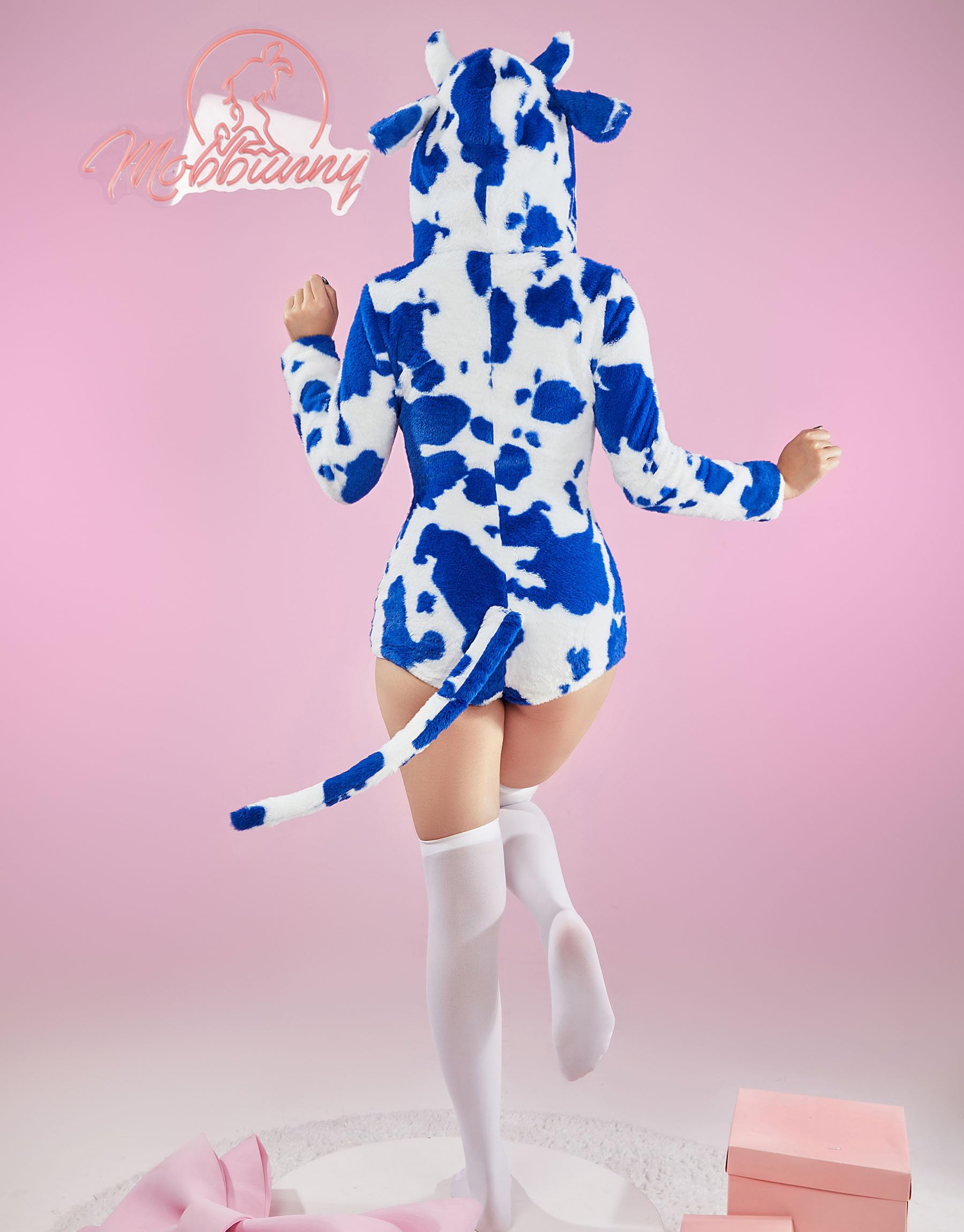 Mobbunny Cute Cartoon Cow Print Cosplay Costume Fuzzy Onesie Hooded Jumpsuit Zip-up Romper Pajamas: Medium Blue and White