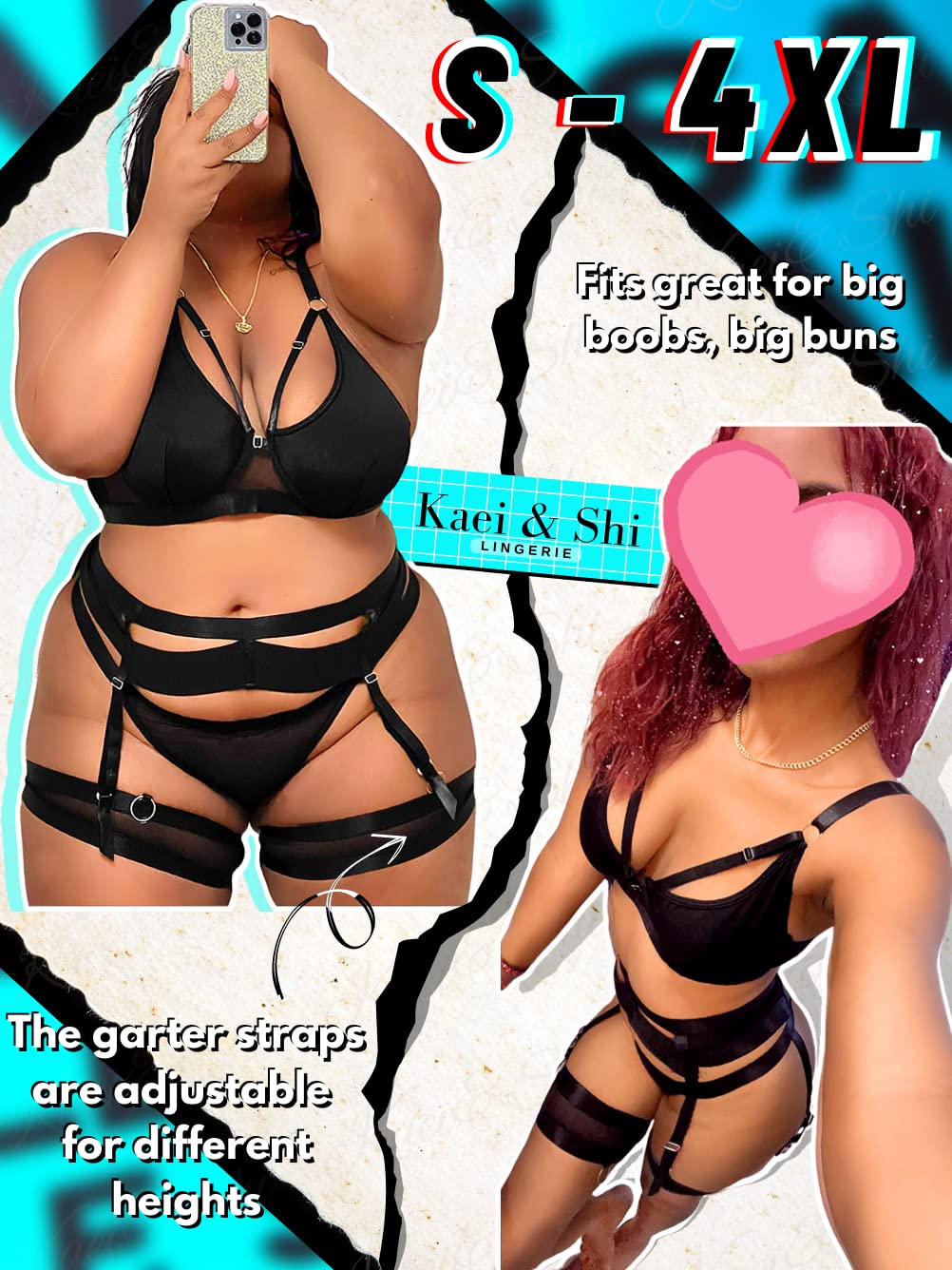 Garter Lingerie for Women,Sexy Lace Lingerie,Sheer Matching 4 Piece Lingerie Set: 14 Black