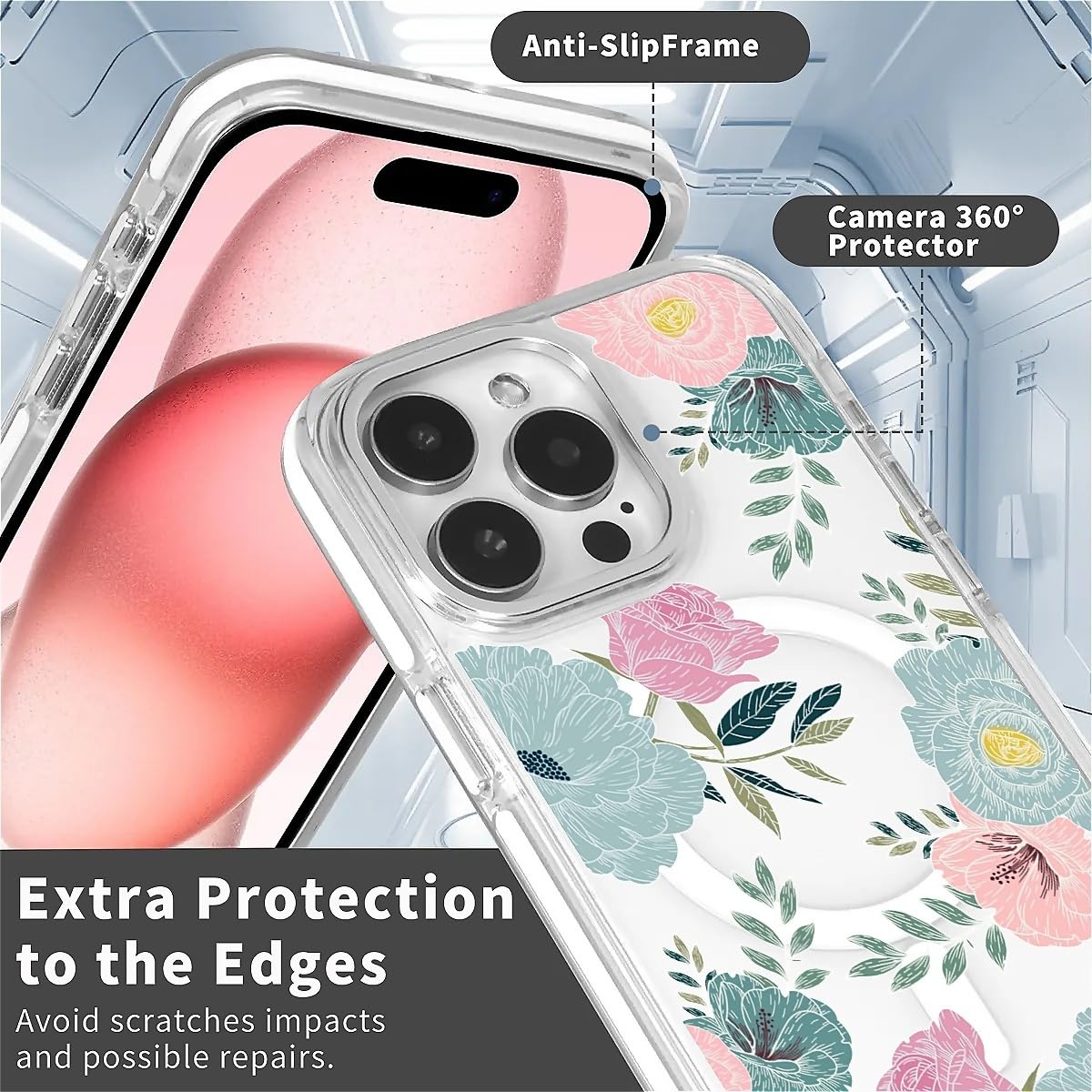 TAMEFOX for iPhone 15 Clear Case, Campatible with Magsafe,Fresh Red Cherry Soft TPU Slim Magnetic for Women Girl Protective Case for iPhone 15-6.1 Inch (White): Blue Red Camellia iPhone 13 Pro