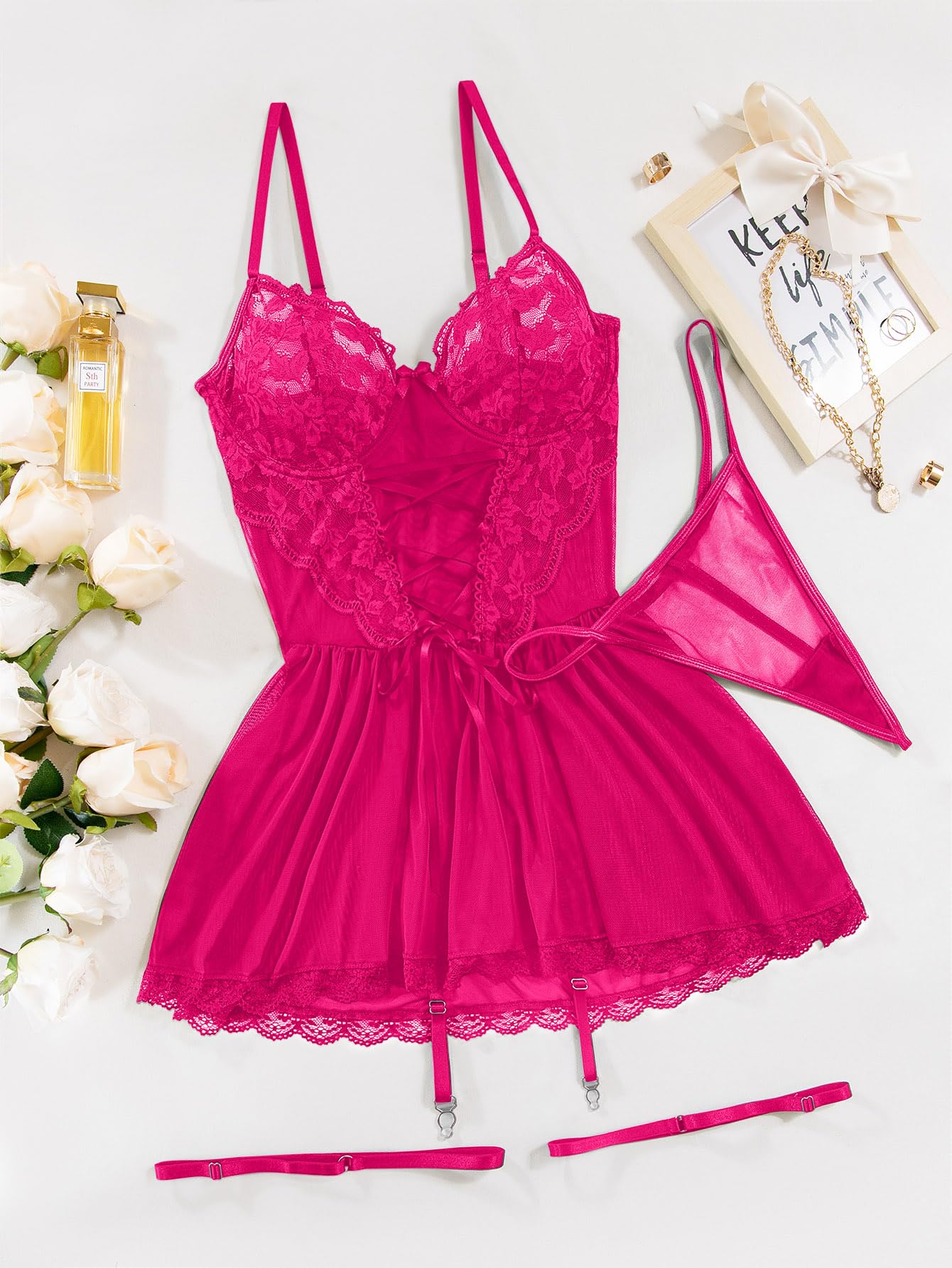 Lilosy Sexy Garter Belt Mesh Lace Babydoll Lingerie Dress Set with Thong: Wire Small Hot Pink