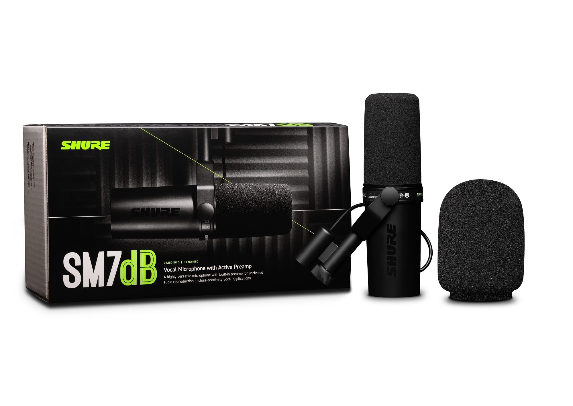 Shure  Microphone - Vocal Dynamic Studio Mic for Broadcast, Podcast, Recording, Gaming & Streaming, XLR, Rugged Construction, Detachable Windscreen, Smooth Sound, Warm Vocals, Wide-Range Frequency: SM7dB (Built-In Preamp)
