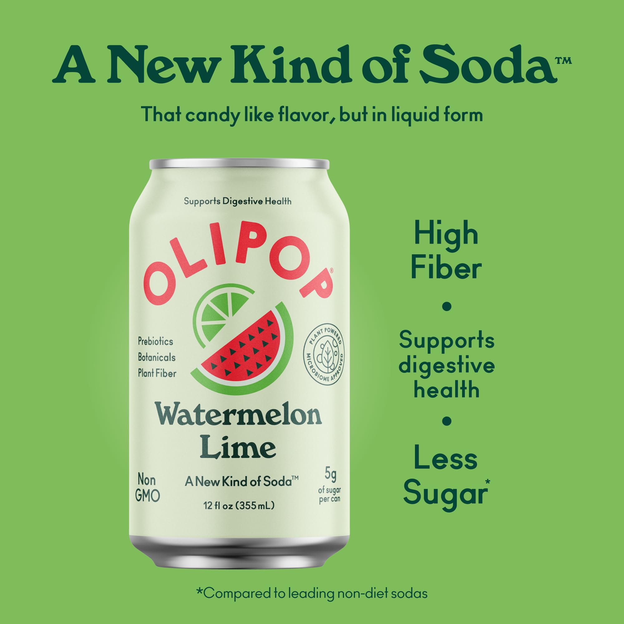 OLIPOP Prebiotic Soda Pop, Watermelon Lime, A New Kind of Soda Packed with Prebiotics, Fiber, and Botanicals, Gluten Free, Vegan, GMO Free, 12oz (12-Cans) thumbnail 4