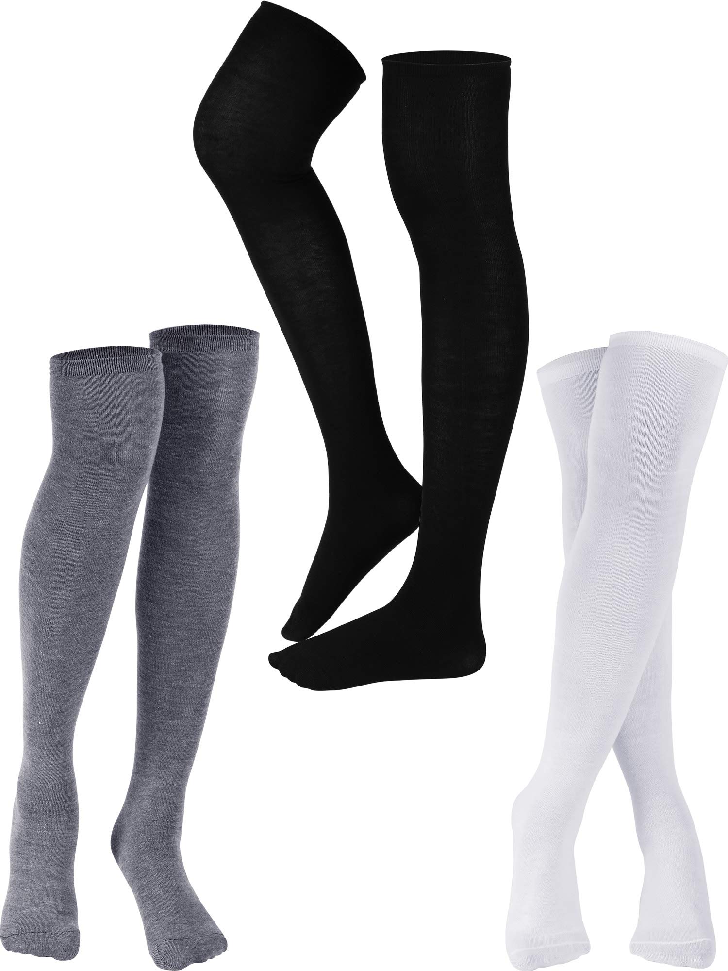 SATINIOR 3 Pairs Knee High Socks Thigh High Triple Stripe over the Knee Socks Long Opaque Thigh Stockings: One Size Black, White, Gray