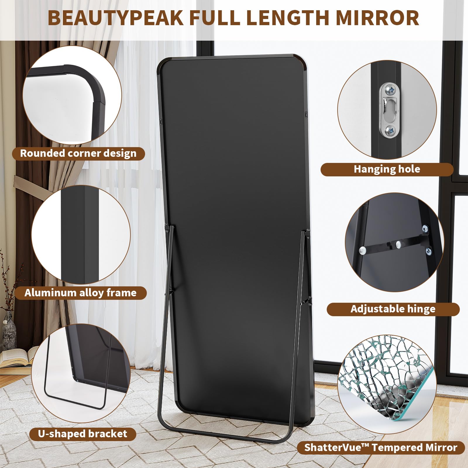 BEAUTYPEAK Black Full Length Mirror, 56"x21" Rounded Corner Floor Mirror Standing Hanging or Leaning Against Wall, Suitable for Bedroom or Dressing Room: 56"L x 21"W Black