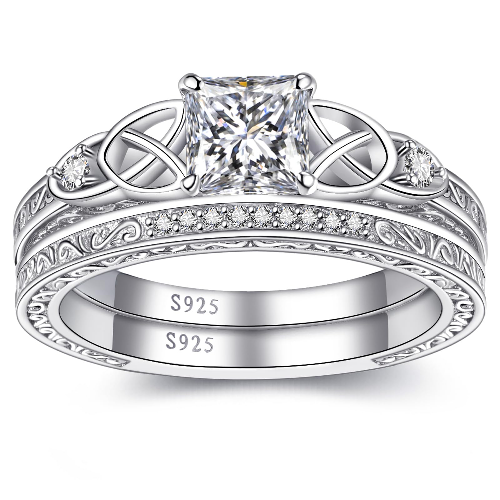 Vintage Celtic Knot Women's Engagement Ring Sets 925 Sterling Silver/14K Gold Plated Stackable Wedding Bands Rings AAAAA Cubic Zirconia Women Bridal Sets Wedding Ring Band Width 1.8mm Size 5-9 thumbnail 2