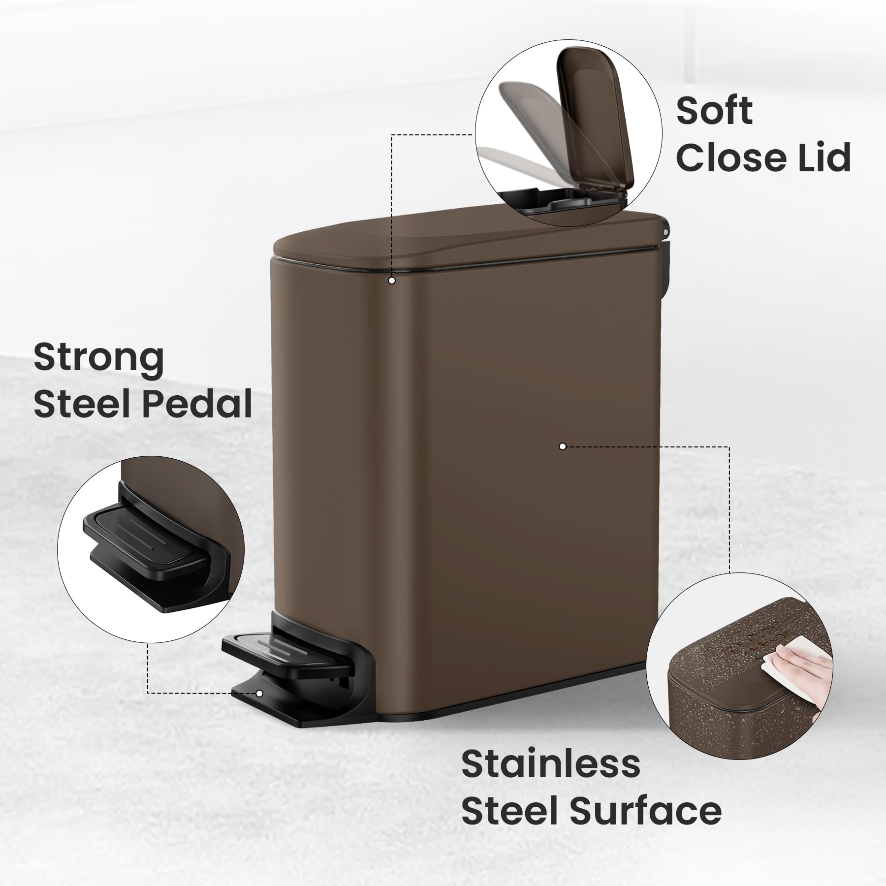 Cesun Small Bathroom Trash Can with Lid Soft Close, Step Pedal, 6 Liter / 1.6 Gallon Stainless Steel Garbage Can with Removable Inner Bucket, Anti-Fingerprint Finish (): Brown