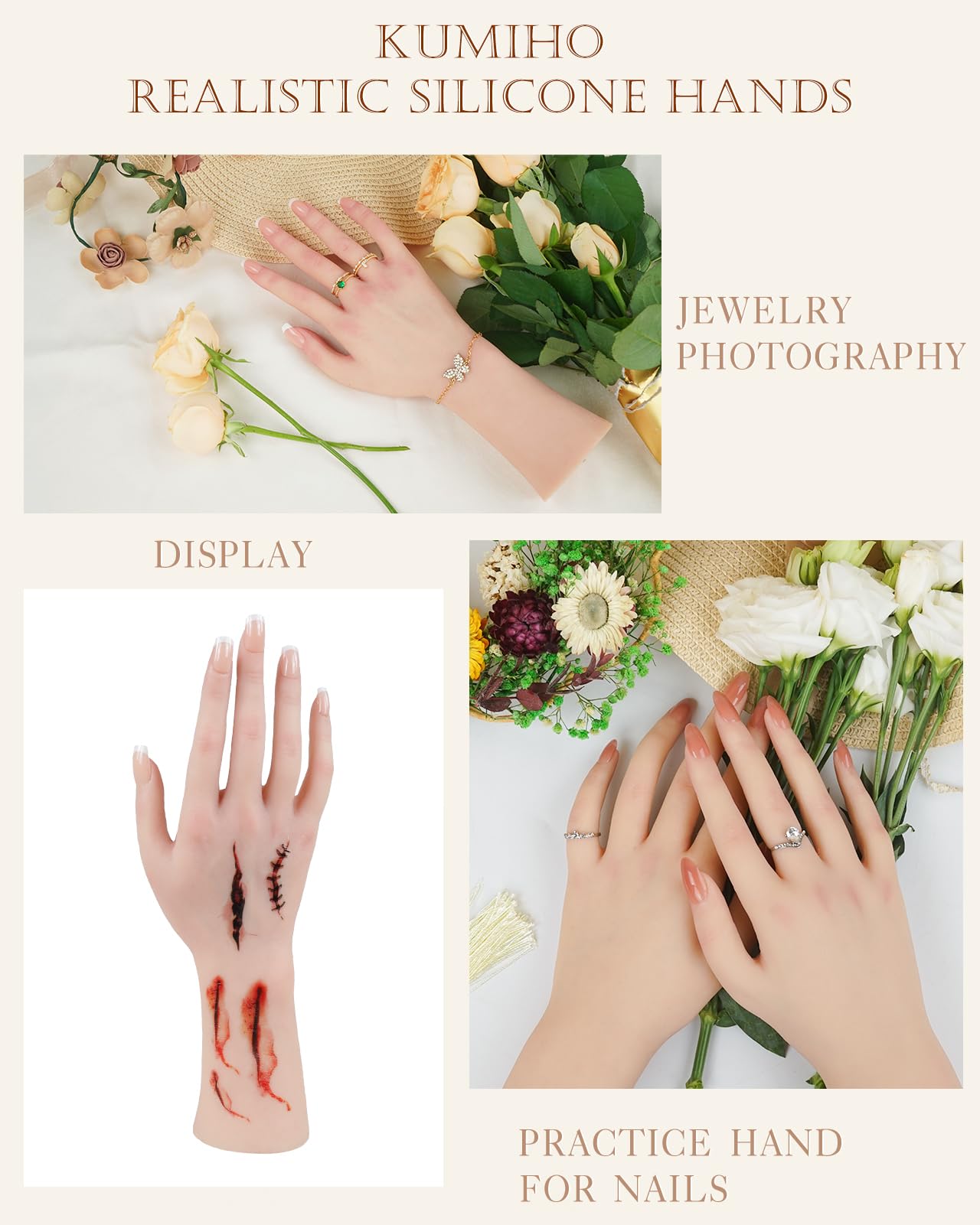 KUMIHO Realistic Silicone Female Hand Model Fake Hand for Jewelry Display Tattoo Training Practice Art Sketch with Nails, 1 Pair -with Skeleton, White: White 1 Pair -With Skeleton