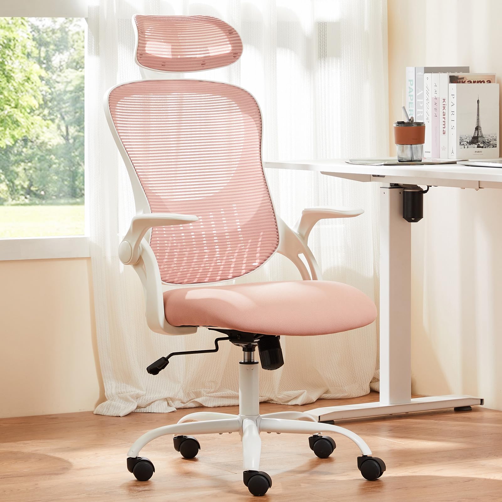 Sweetcrispy Home Office Computer Desk Chair, Ergonomic High-Back Mesh Rolling Work Chairs with Wheels and Adjustable Headrests, Comfortable Lumbar Support, Comfy Flip-up Arms for Bedroom,Study, Pink