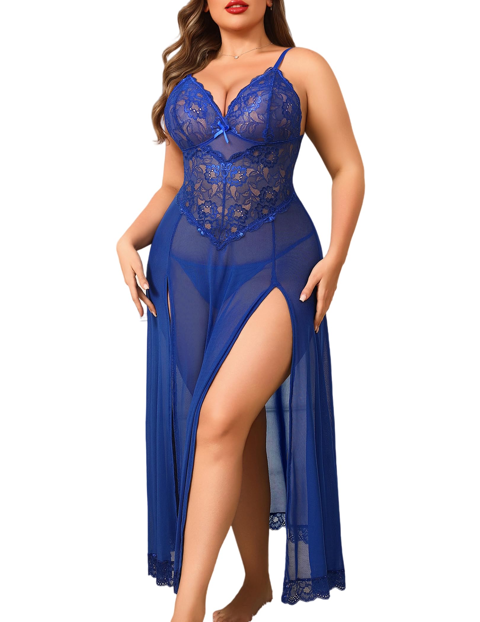 Avidlove Plus Size Lingerie for Women Sexy Lace Babydoll Long Lingerie Dress Side Split Nightgown: Blue X-Large