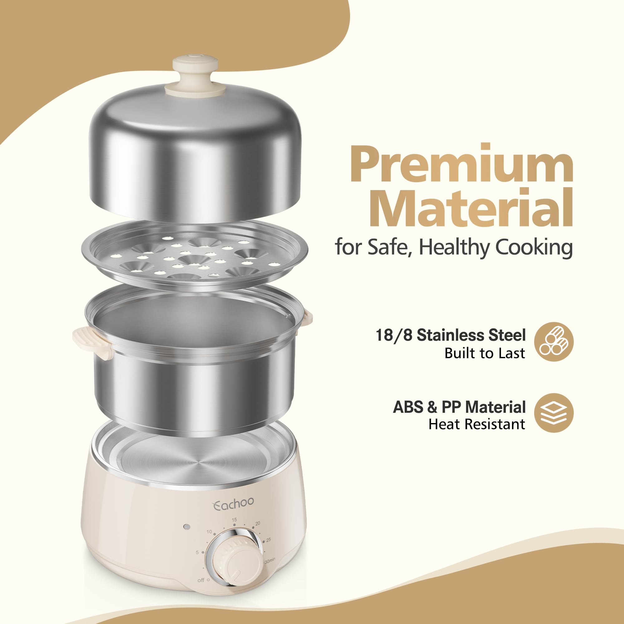 Hard Boiled Egg Cooker - CACHOO 14-Egg Rapid Stainless Steel Egg Boiler with 30-Min Timer & Auto Shut Off, Compact Electric Vegetable Steamer for Cooking, Dishwasher Safe, Beige: Beige 2-Tier