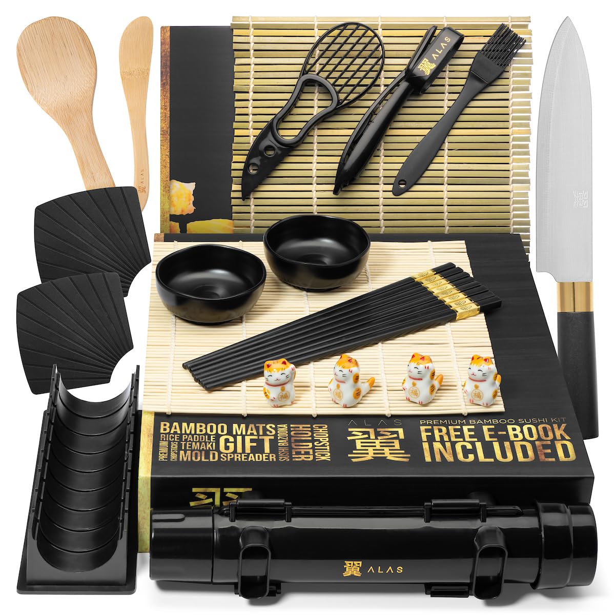 Alas Sushi Making Kit- Complete Sushi Making Kit for Beginners & Pros Sushi Makers, Perfect Sushi Making Kitchen Accessories Like Sushi Knife, 2 Sushi Mats, Rice Bazooka, Dipping Plate, & More (Black)