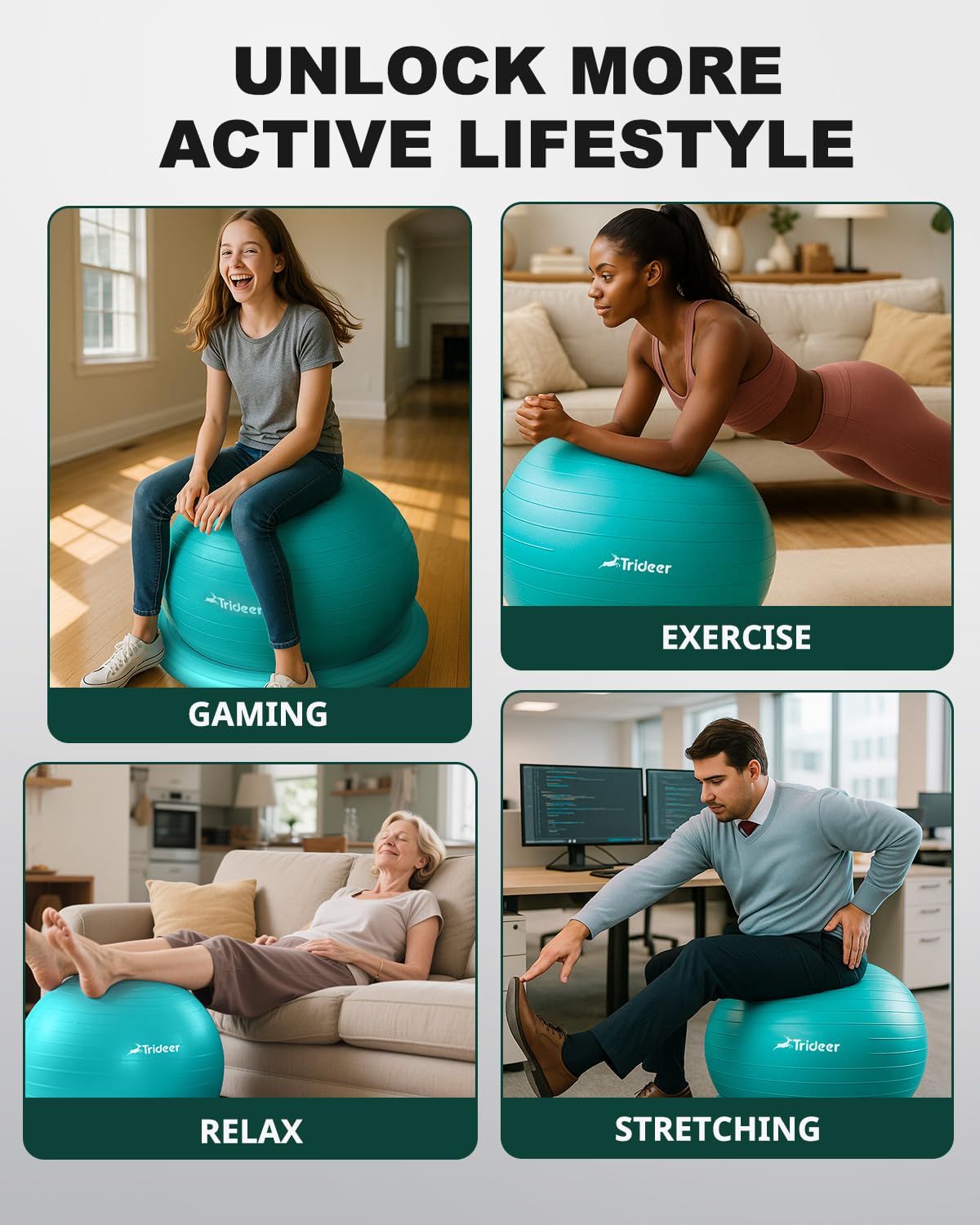Trideer Yoga Ball Chair with Base - Stability & Fitness Ball Seat for Home Office, Pregnancy & Workout: L(23-26ines/58-65cm) Turkis