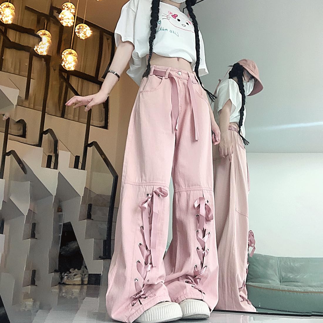 RILGOU Harajuku Y2K Kawaii Gothic Vintage Casual Style High Waisted Straight Wide Leg Ribbons Trim Pink Denim Pants