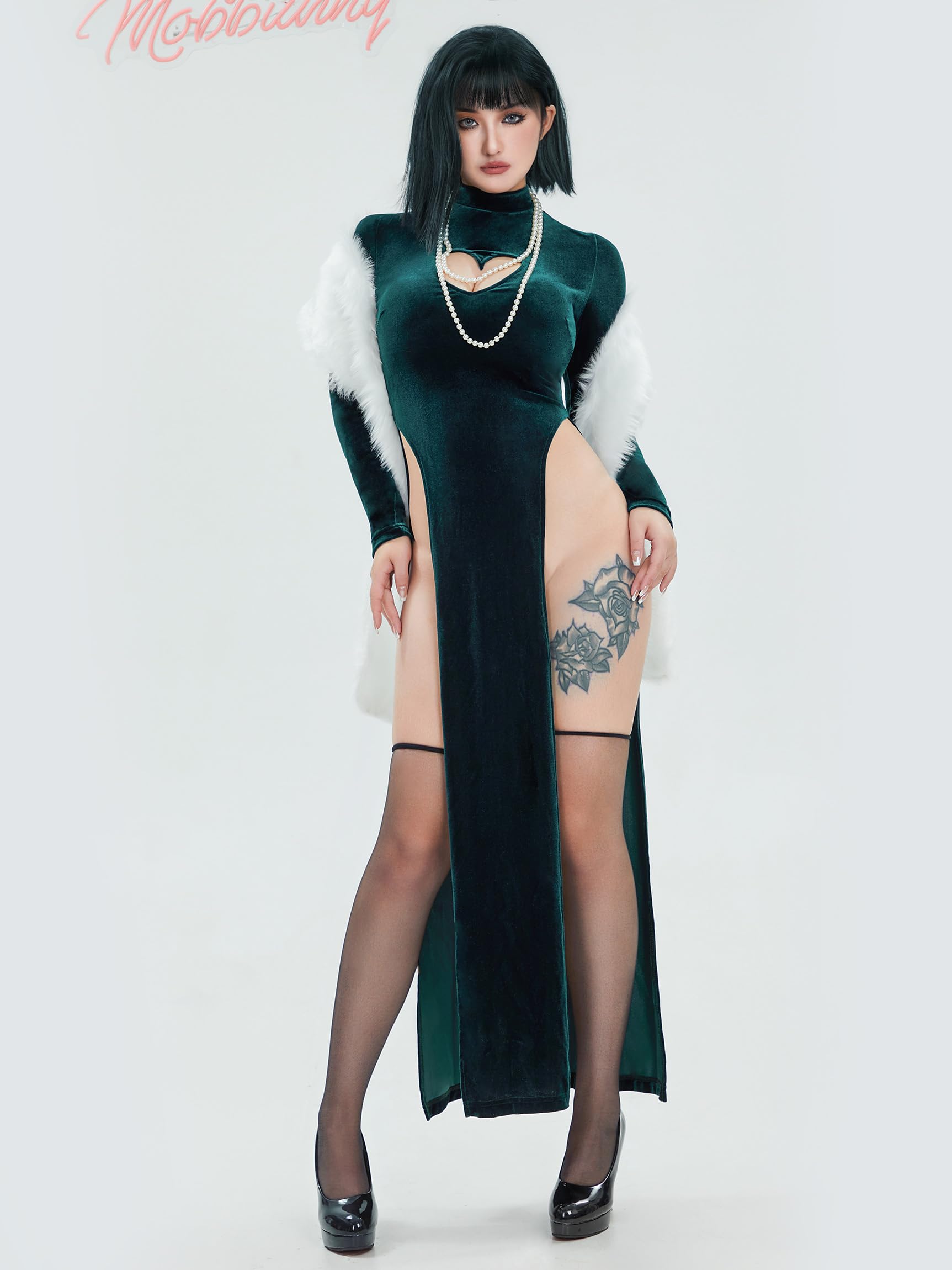 Mobbunny Anime Cosplay Dress Cutout Bodycon Velvet Dress High Slit Dress and Shawl with Stockings and Necklace: Medium