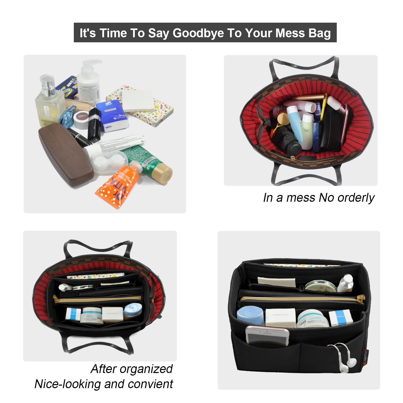 OMYSTYLE Purse Organizer Insert, Felt Tote Bag Organizer Insert with 5 Sizes, Handbag Dividers for Inside Purse, Compatible with Longchamp, Neverful, Speedy and More: Medium Black