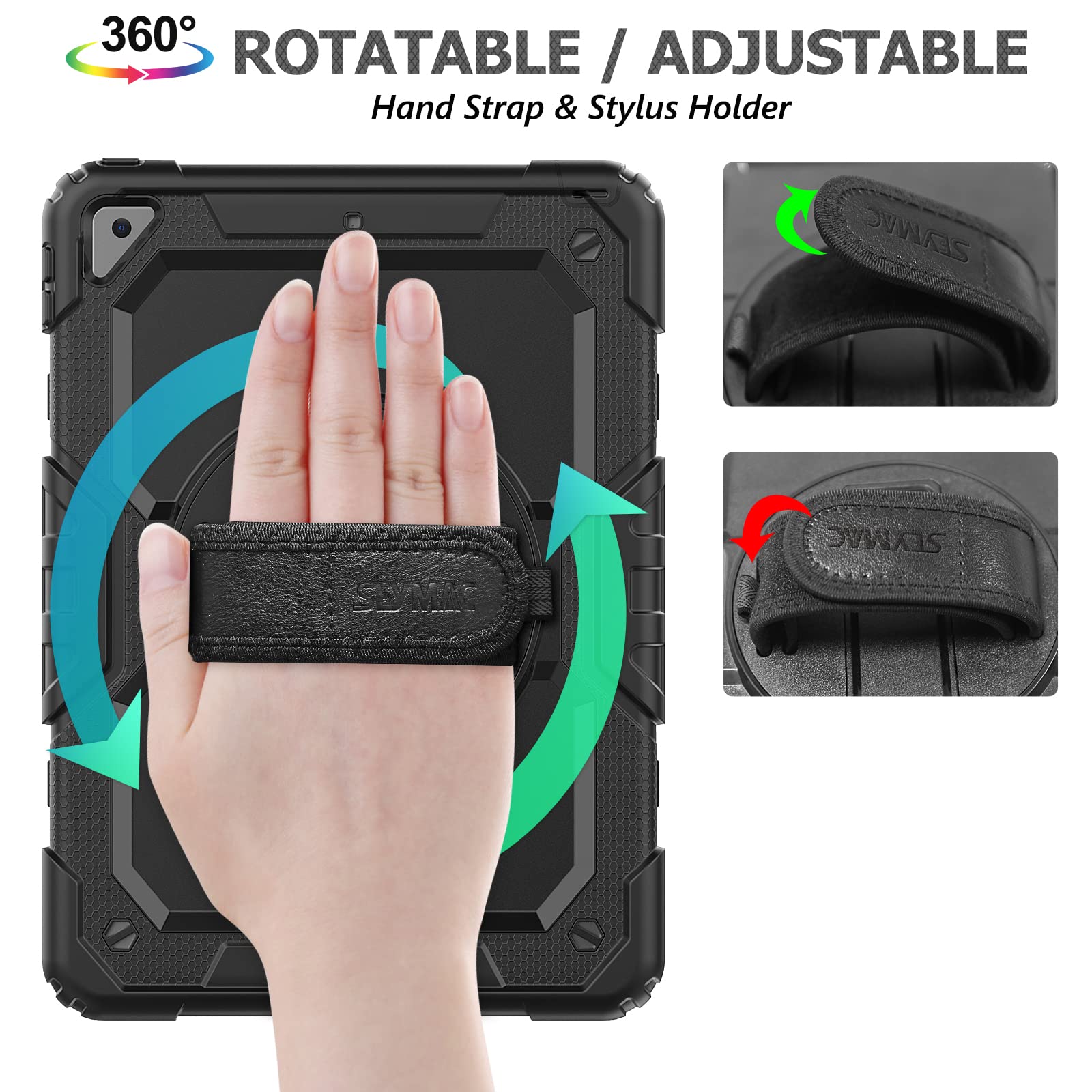 SEYMAC stock Case for iPad 9th/ 8th/ 7th Generation 10.2'', Shockproof with Screen Protector, Pencil Holder [360° Rotating Hand Strap] & Stand, for iPad 10.2 inch 2021-2019 (Black)