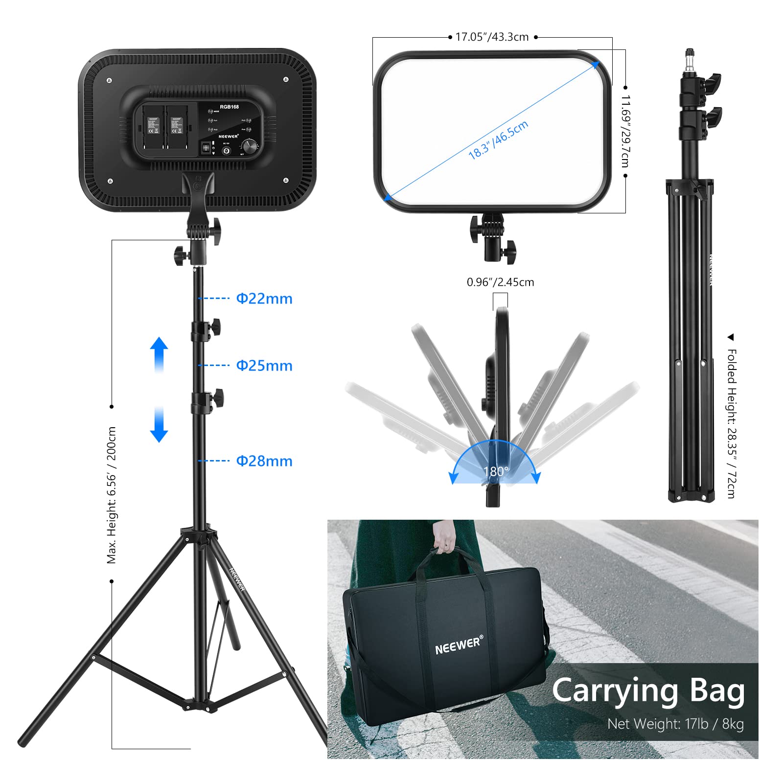 Neewer 13" Led Video Light Panel Kit, 2 Pack Dimmable Bi Color Soft Key Lighting with Tripod Stand, 8000mAh Battery, 3200~5600K CRI97+ 2400Lux for Game/Streaming/YouTube Recording/Studio Photography: RGB168