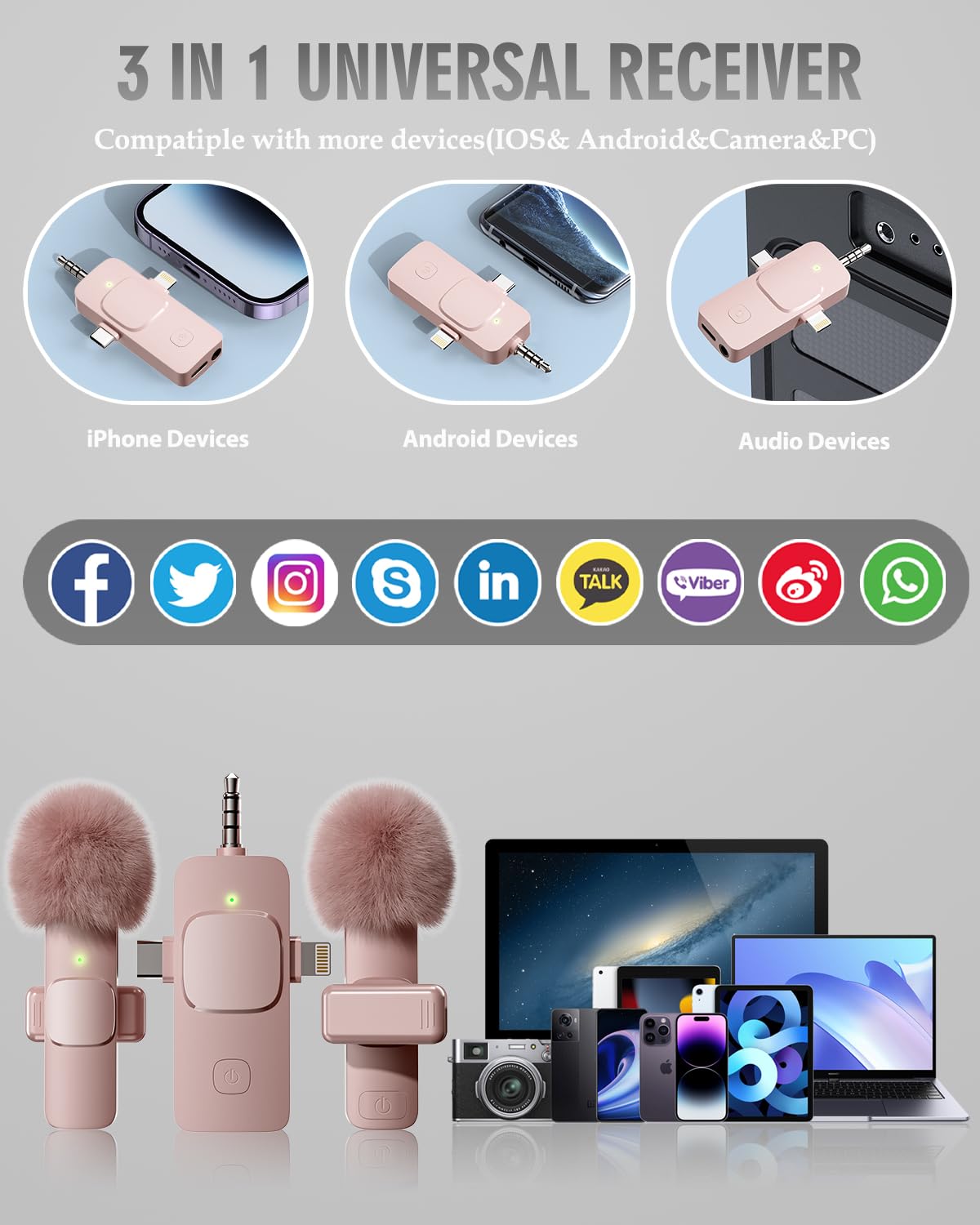 PQRQP 3 in 1 Wireless Lavalier Microphones for iPhone, iPad, Android, Camera, USB-C Microphone, 7-Hour Battery, Mini Microphone with Noise Reduction for Video Recording, Vlog, YouTube, TikTok: PQRQP 3 in 1 Wireless Lavalier Microphones for iPhone, iPad, Android, Camera, Mini Microphone, 7-Hour Battery, High Definition Sound Quality for Interview, Video Podcast, Vlog (Pink)
