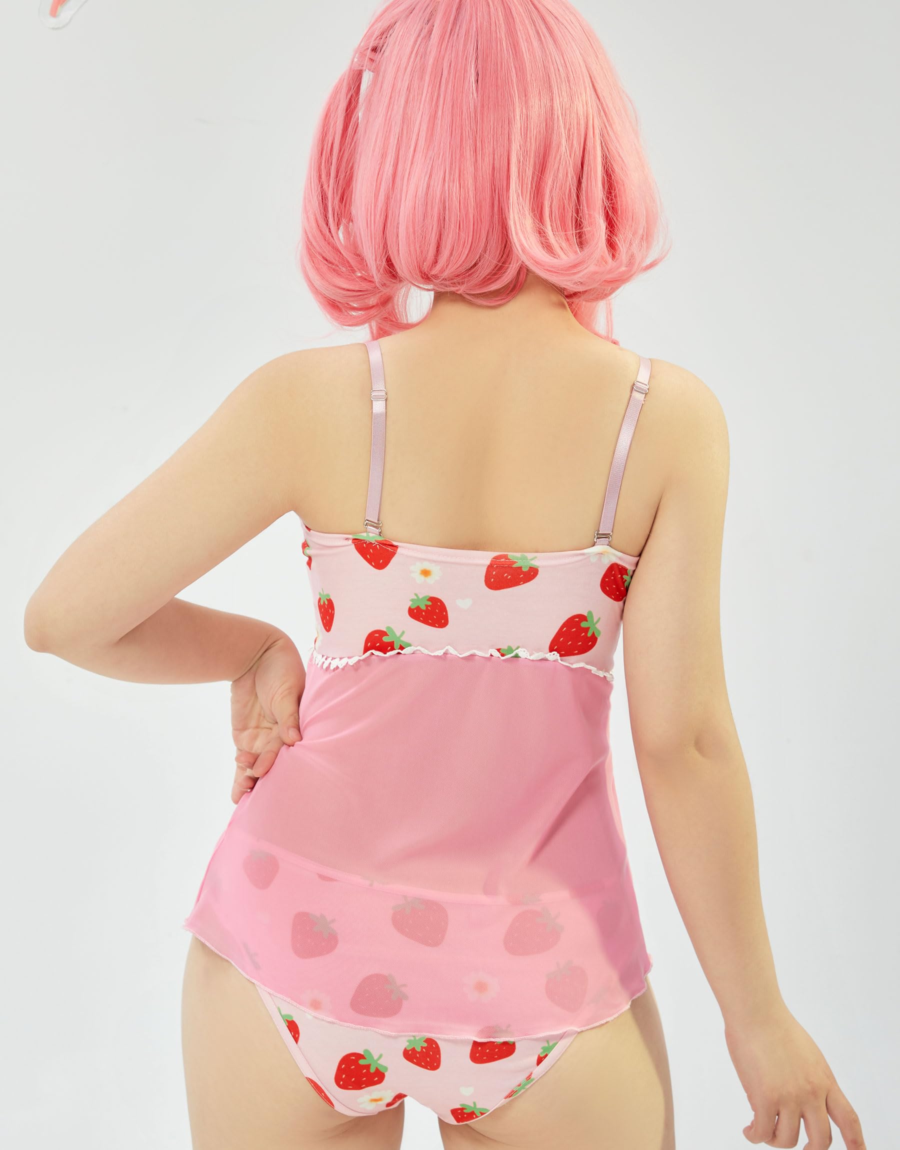 Mobbunny Pink Lace Babydoll Lingerie for Women Strap Chemise Nighties V Neck Sleepwear Strawberry Print Loungewear: Small Pink