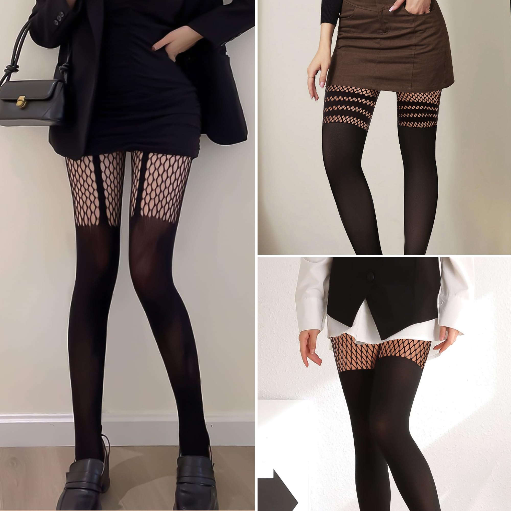 MANZI Womens Faux Thigh High Fishnet Stockings Stitching Opaque Pantyhose Mock Over the Knee Goth Striped Suspender Tights: MANZI Womens Faux Thigh High Fishnet Stockings Stitching Opaque Pantyhose Mock Over the Knee Goth Striped Suspender Tights