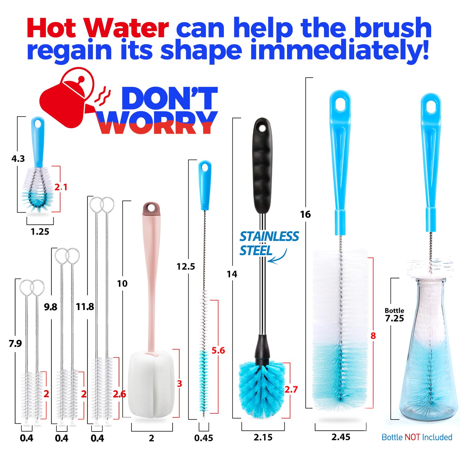 Holikme Bottle Brush Tube Cleaning Lab Set with Long Handle, Cup Cleaner for Washing Narrow Neck Beer Wine Decanter Pipes Lids Sinks Cap Covers,