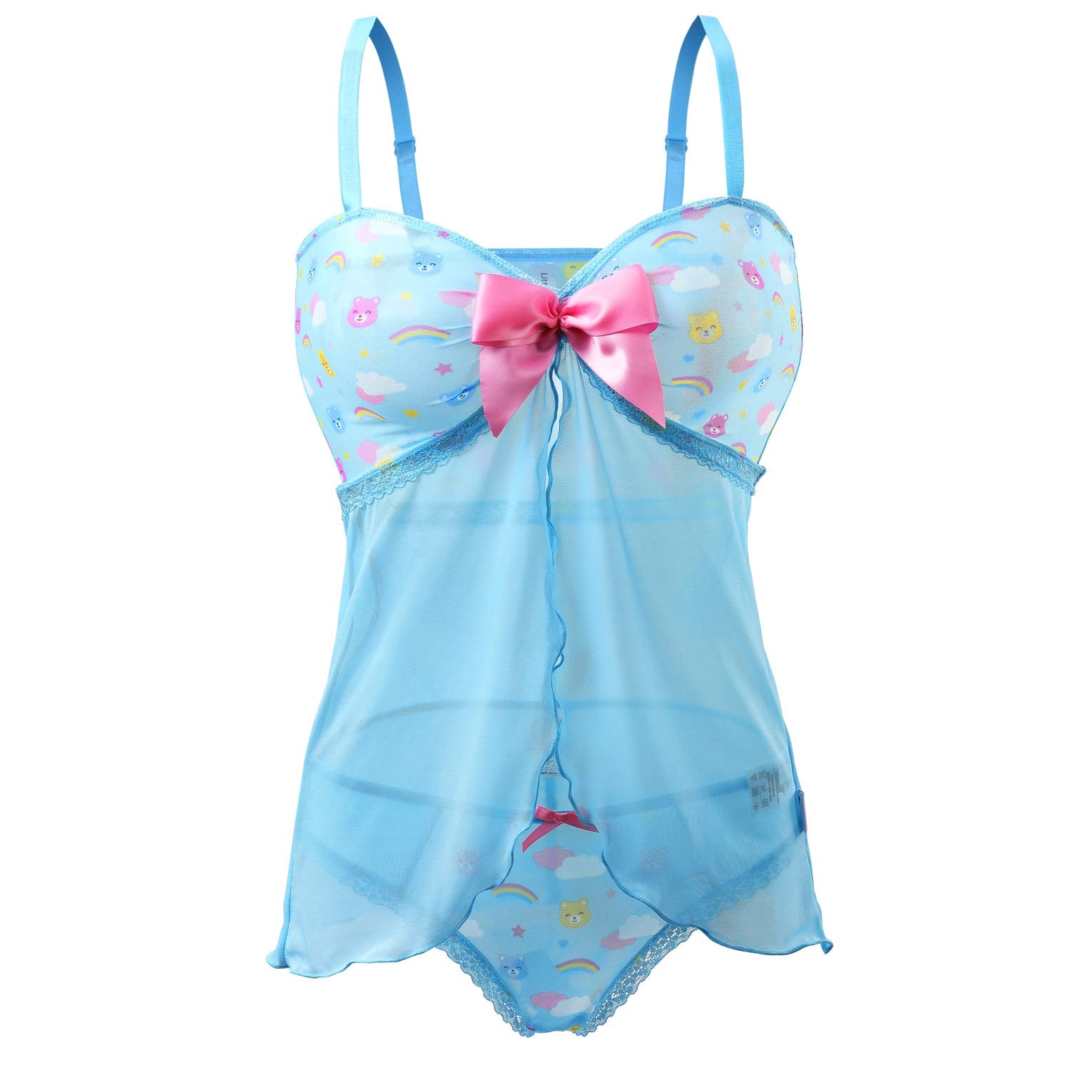 Littleforbig Women Nightwear Lace Babydoll Strap Chemise Halter Lingerie V Neck Sleepwear - Usagi Moon Teddy Friends