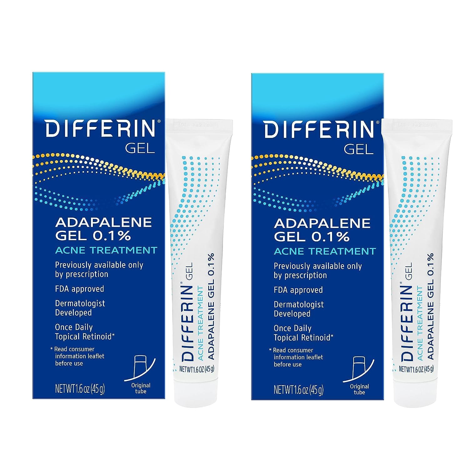 Differin Acne Treatment Gel, 180 Day Supply, Retinoid Treatment for Face with 0.1% Adapalene, Gentle Skin Care for Acne Prone Sensitive Skin, 45g , Pack of 2 (Packaging May Vary): Tube