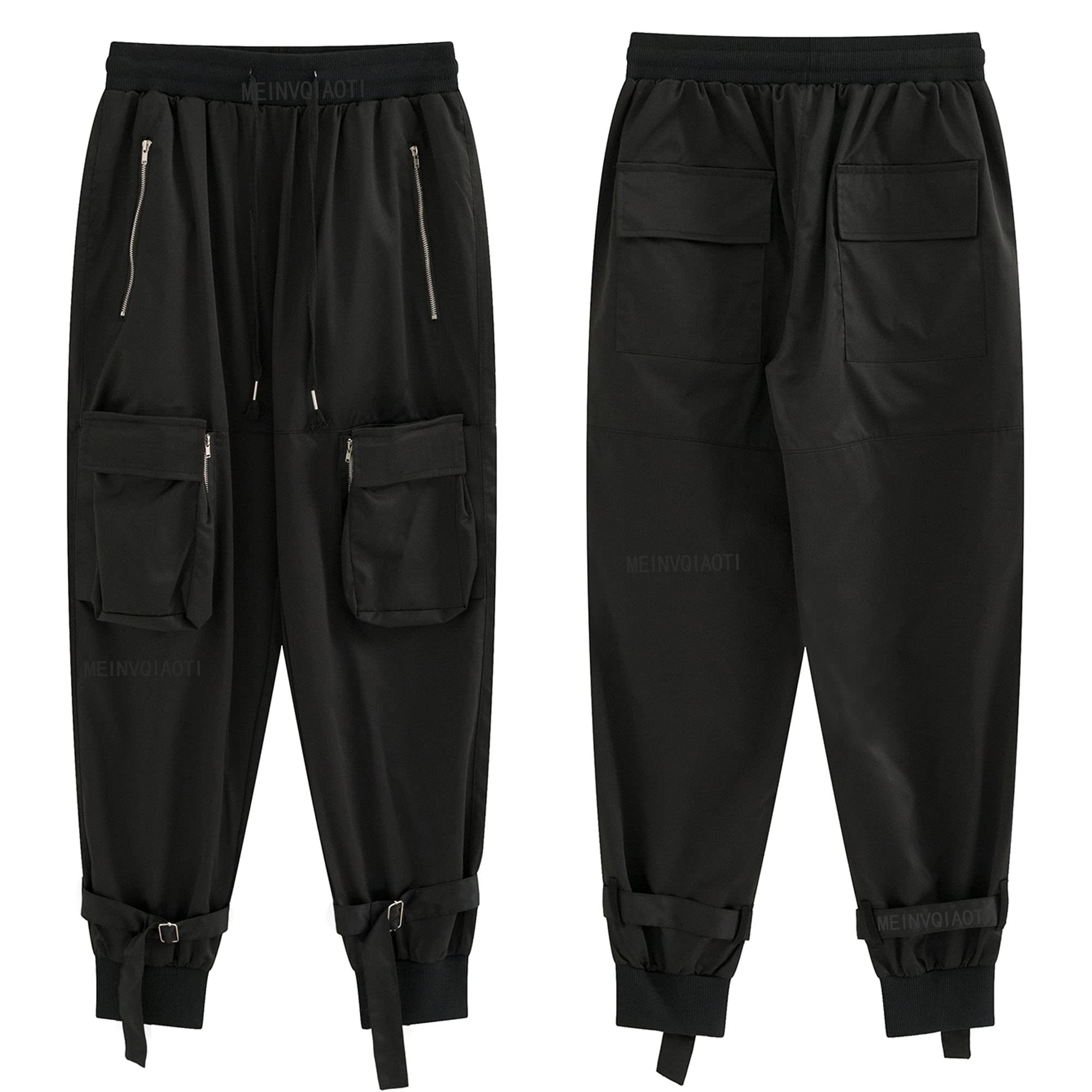 MEINVQIAOTI Black Cargo Pants Women Loose Chained Pants Multi-Pocket Multi-Zip Punk Goth Pants