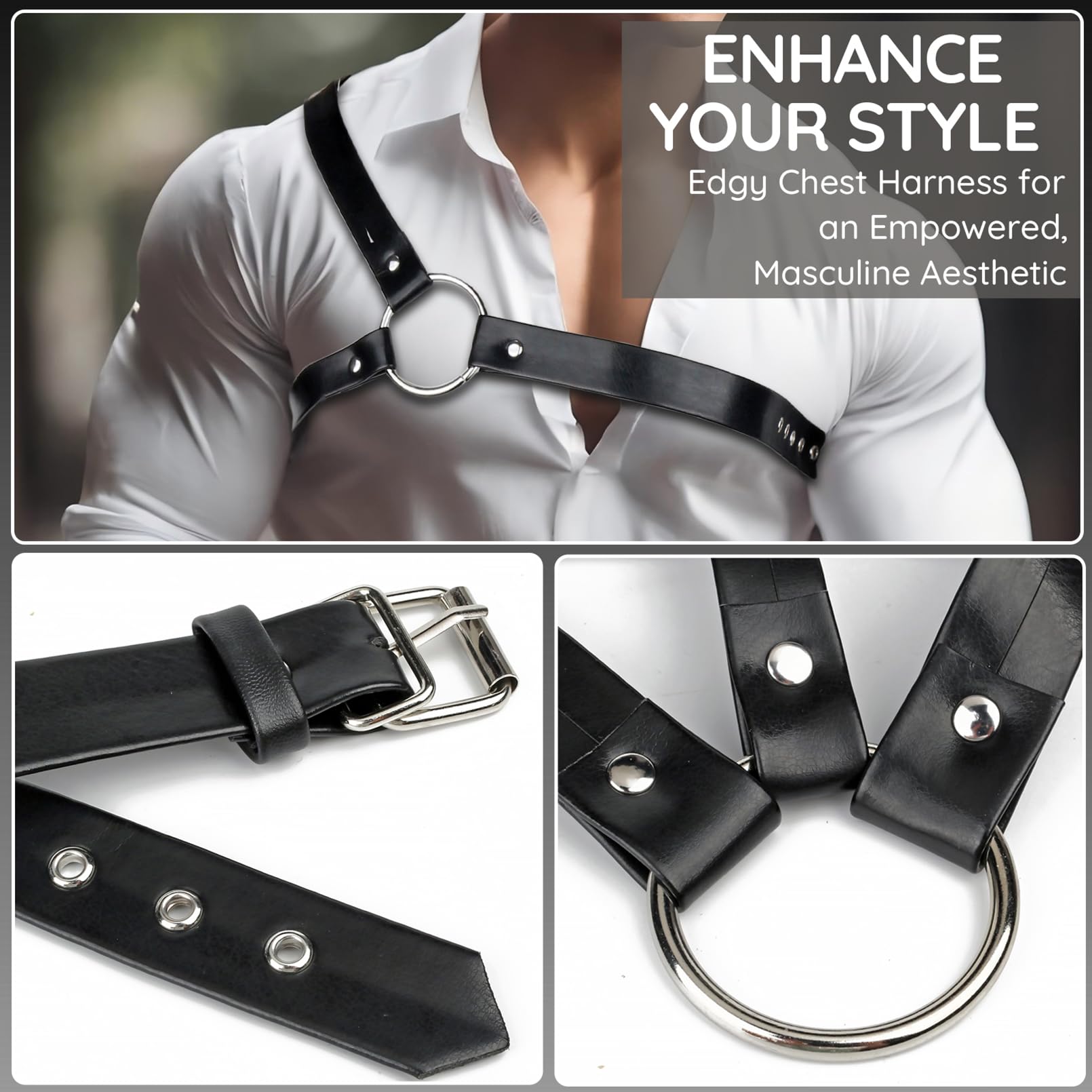 RTeczSolve Men's Shoulder Harness Belt, Adjustable Body Chest Harness for Men, PU Leather Male Punk Chest Belt Muscle Show Fashion Costumes for Cosplay Party