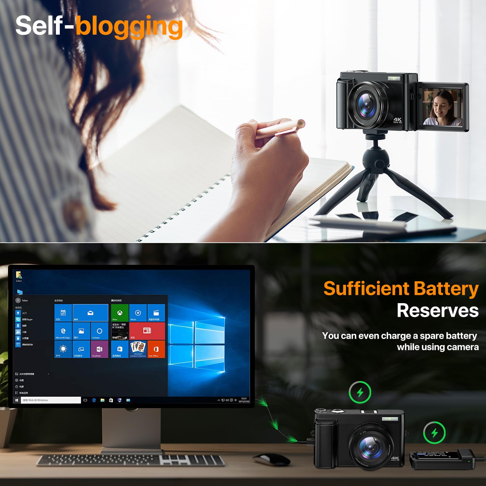 4K Digital Camera for Photography Auto-Focus Vlogging Camera for YouTube Video with 3'' 180° Flip Screen 16X Anti-Shake 4K Camera Compact Cameras with SD Card, Flash, 2 Batteries & Battery Charger thumbnail 4
