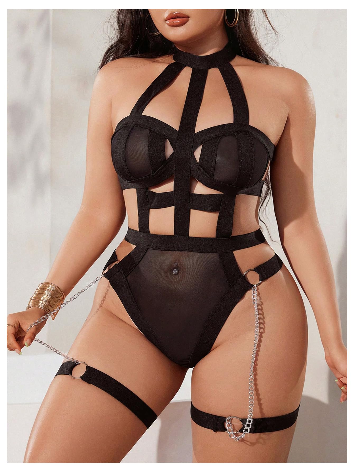 OYOANGLE Women's Plus Size Strappy Harness Cut Out Halter Teddy Bodysuits Garter Babydoll Lingerie