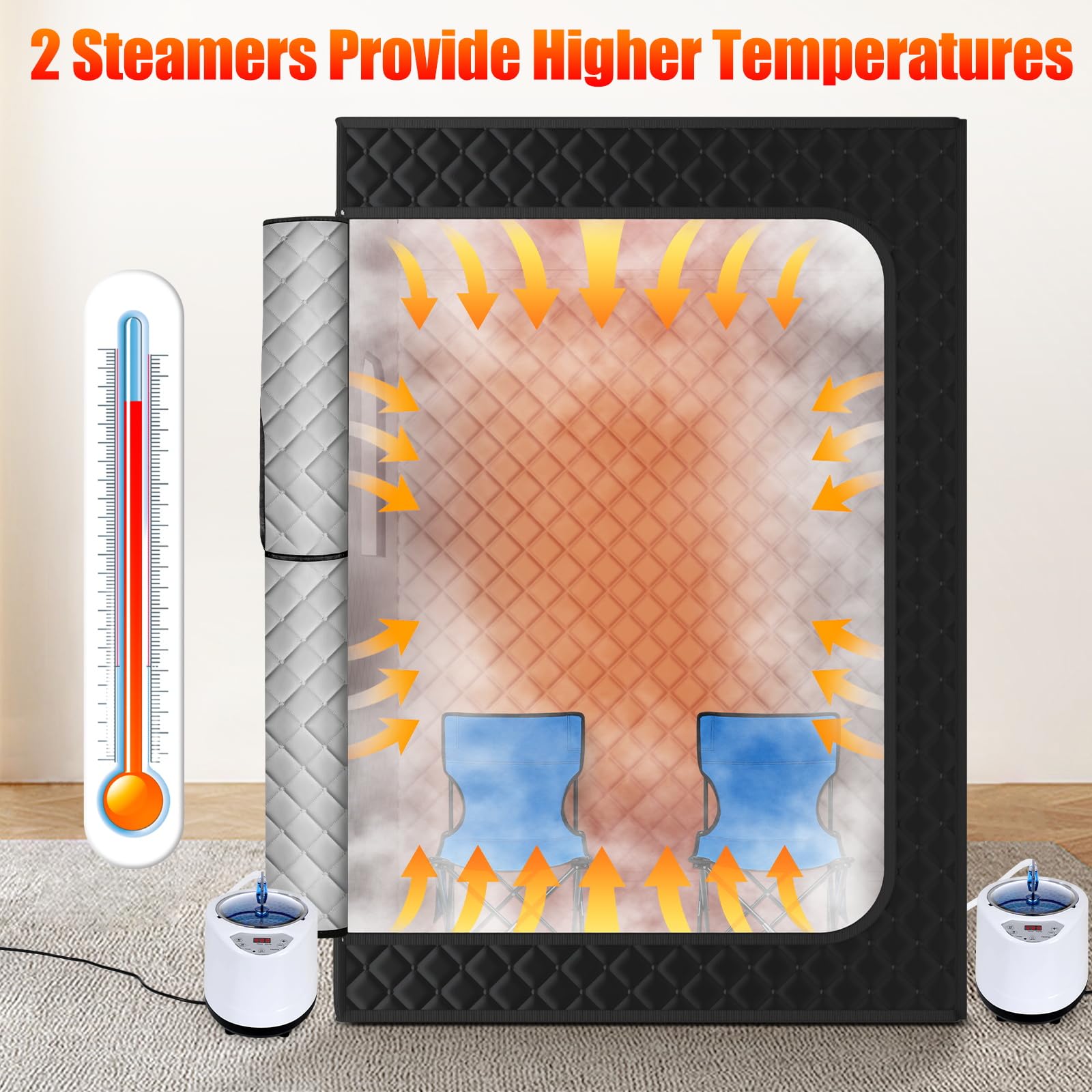 X-Vcak 2 Person Sauna, Extra Large Sauna Box, Portable Steam Sauna Tent with 2 Steamers, 2 Folding Chair, 71”x 49”x 36”, Black thumbnail 3