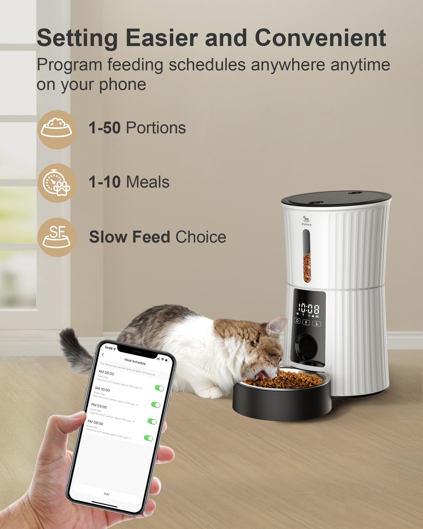 Petory Timed Automatic Cat Feeders - 4L Programable Dry Food Dispenser for Cats and Small Medium Dogs 6 Meals with Desiccant Bag Dual Power Supply 10S Voice Recorder thumbnail 2