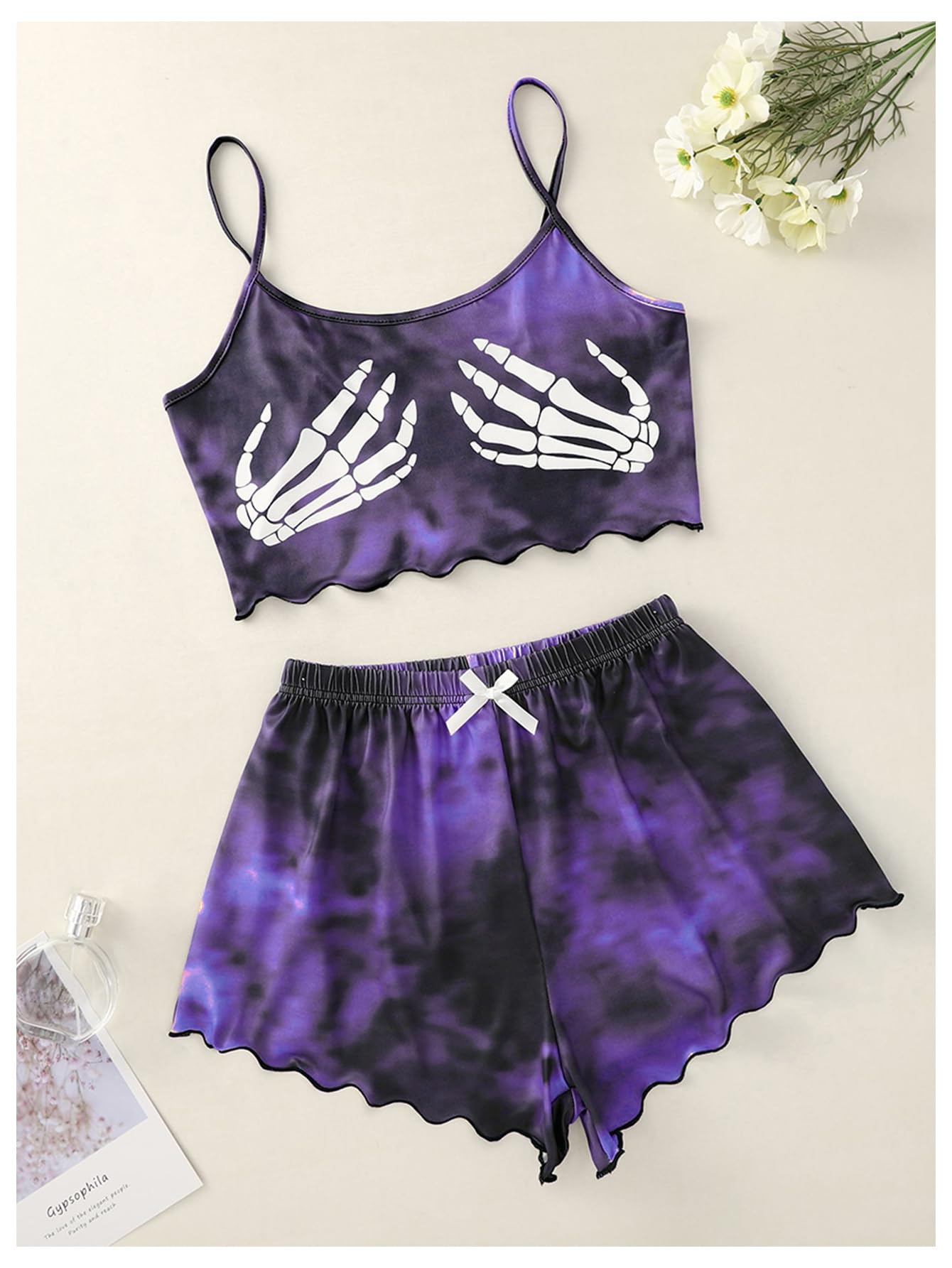 Floerns Women's Plus Size 2 Piece Sleepwear Tie Dye Skeleton Print Pajama Set: X-Large Plus Dark Purple