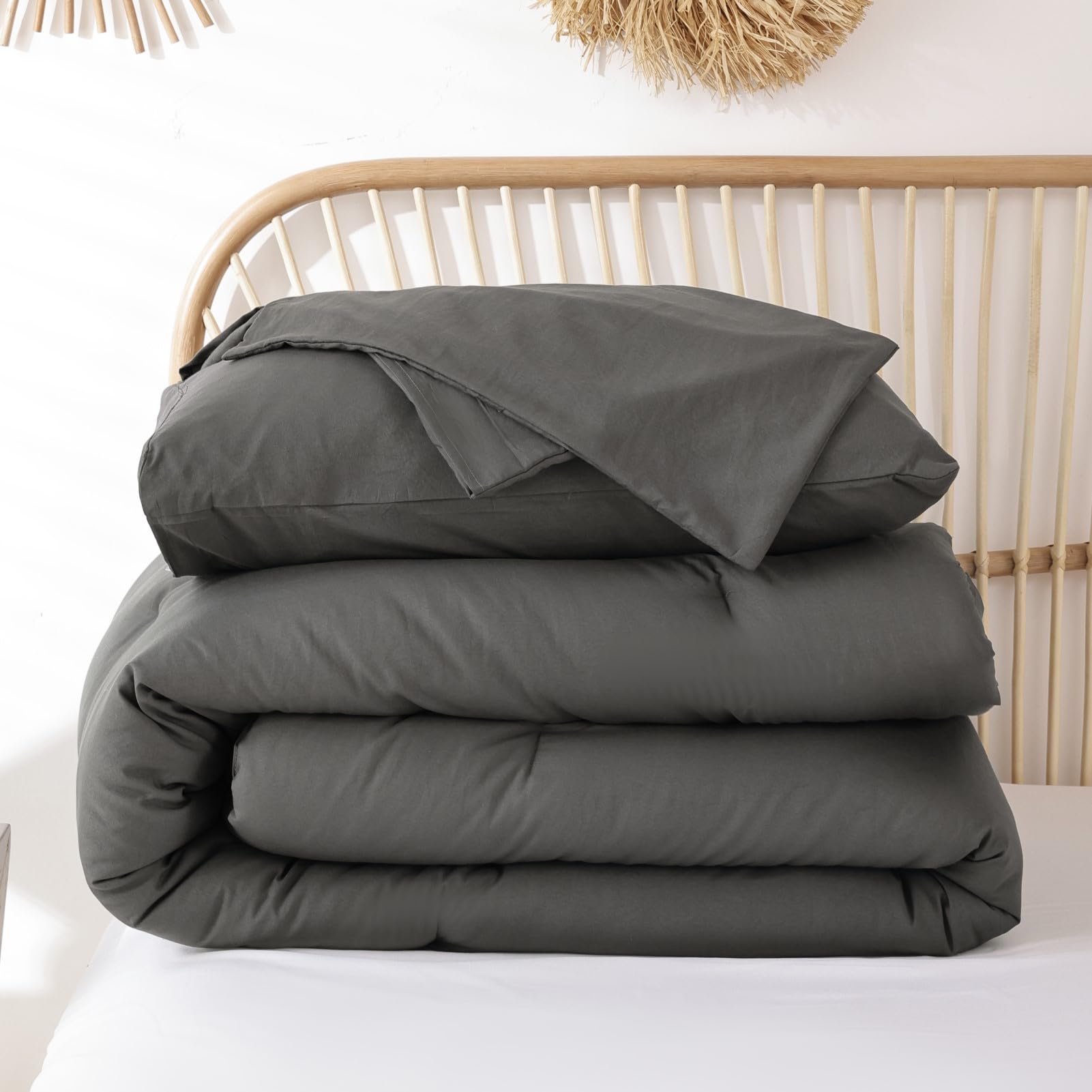 ROSGONIA Queen Comforter Set Oatmeal, 3pcs(1 Boho Oatmeal Comforter & 2 Pillowcases) All Season Soft Bedding Lightweight Bedspread Blanket Quilt: Queen Comforter 90"x90" Charcoal Gray