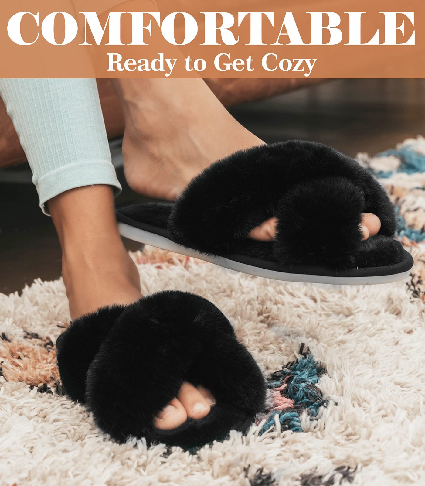 Ankis Womens Fuzzy Memory Foam Slippers Cross Band Cozy Plush Home Slippers Fluffy Furry Open Toe House Shoes Indoor Outdoor Slide Slipper: 9-10 Black