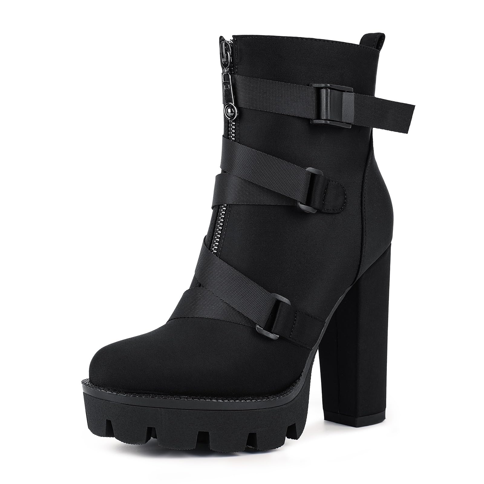 wetkiss Platform Boots for Women, Heeled Combat Boots Chunky Heel Booties Round Toe Lace Up High Heel Ankle Boots: 9.5 Lycra Black