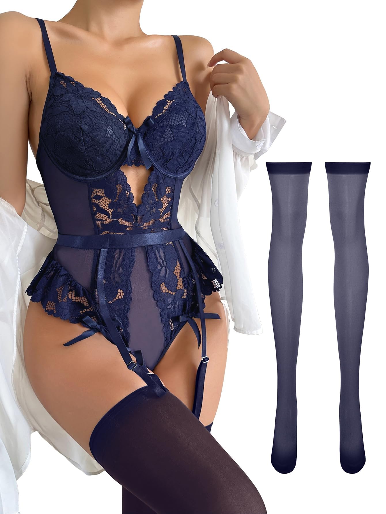 Lilosy Sexy Stocking Lace Mesh Bodysuit Top Underwire Garter Lingerie Set 3 Piece: Large Navy Blue