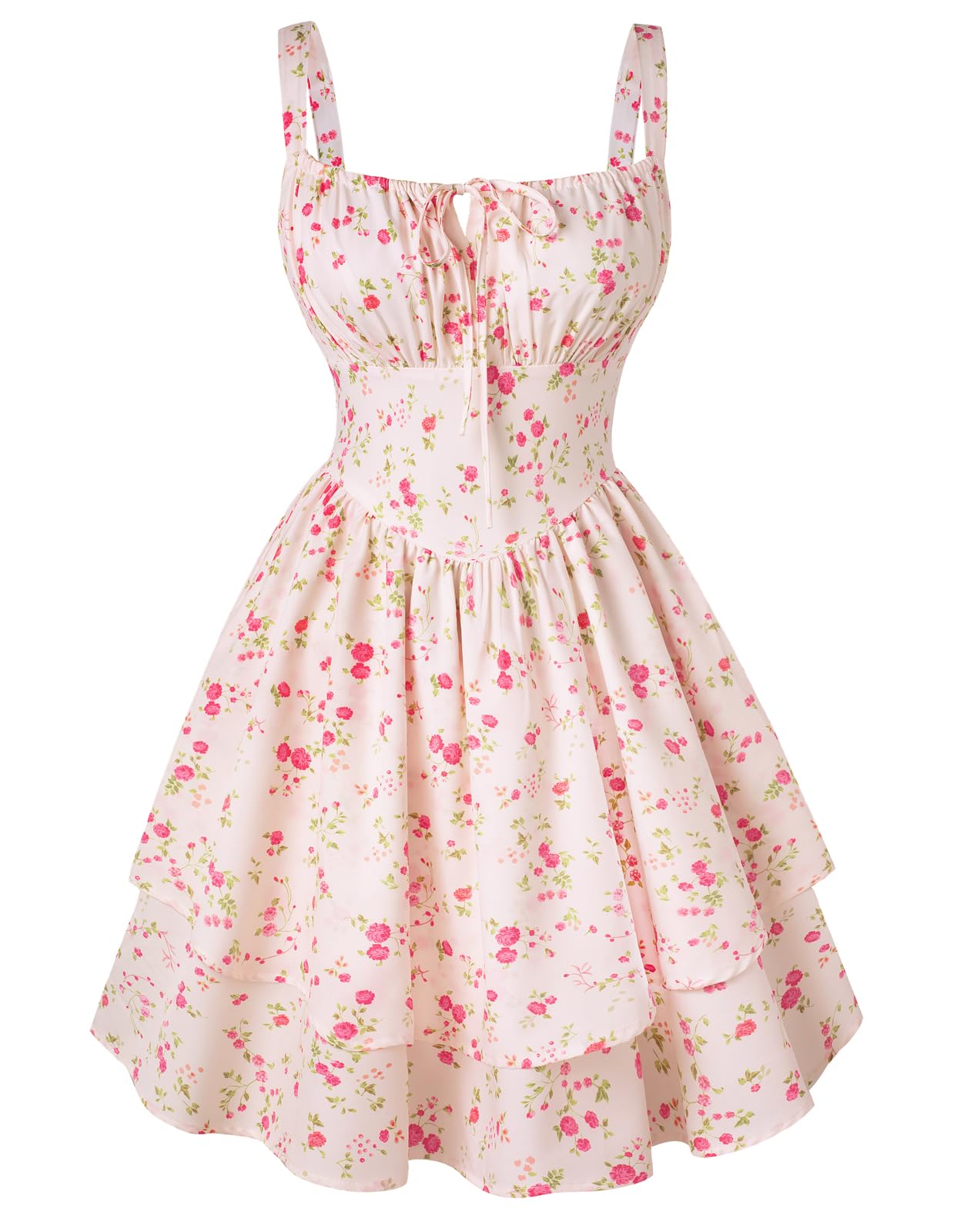 Scarlet Darkness Floral Corset Dress for Women Ruffle Mini Dress Summer Sundress: Large Beige Red Floral
