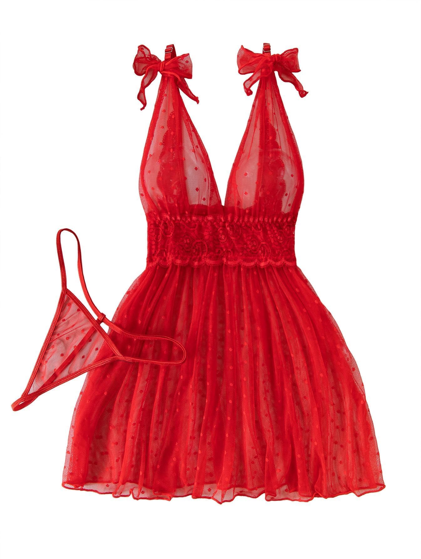 Lilosy Sexy Polka Dots Mesh Sheer Lace Babydoll Chemise Lingerie Set Floral Lace Sleep Wear: 3X-Large Bright Red