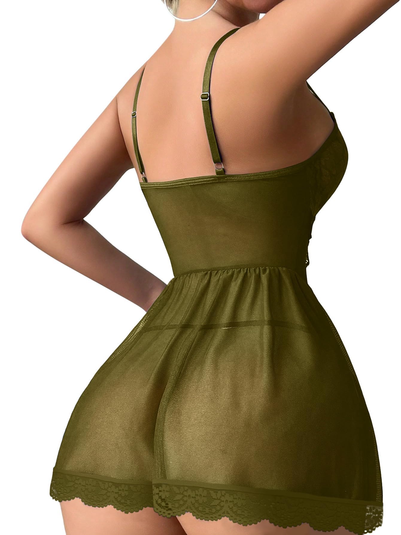 Lilosy Sexy Floral Lace Babydoll NightDress Thong Chemise Lingerie Nightwear Cute Underwire Push Up Corset Outfit with Women Mesh Sheer Nightgown Slip Army Green Small: Lilosy Sexy Floral Lace Babydoll NightDress Thong Chemise Lingerie Nightwear Cute Underwire Push Up Corset Outfit with Women Mesh Sheer Nightgown Slip Army Green Small