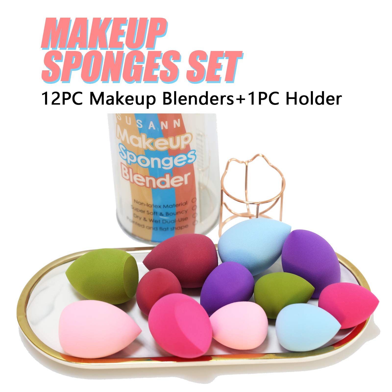 Makeup Sponge Blender Beauty Sponge Set 12pcs and Beauty Foundation Sponge Blender Holder 1PCS,Blending Sponges Cosmetic Puff Flawless for Cream, Liquid Foundation & Powder,Gift for Women: 12pc+1 dry holder