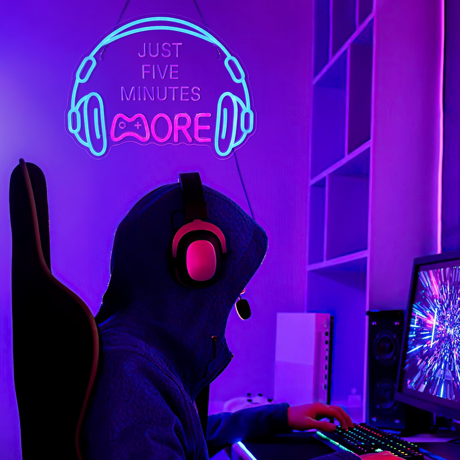 Gaming Neon Sign, Large Bright and Dimmable Colored LED Headset Gamer Neon Light and USB Powered Headphone Lightup Game Signs for Game Zone Video Room Boy Bedroom Wall Decor ()