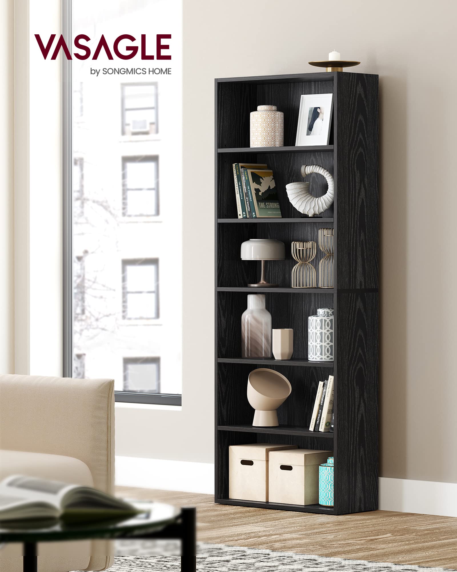 VASAGLE Bookshelf, 23.6 Inches Wide, 6-Tier Open Bookcase with Adjustable Storage Shelves, Floor Standing Unit, Ebony Black ULBC166T56