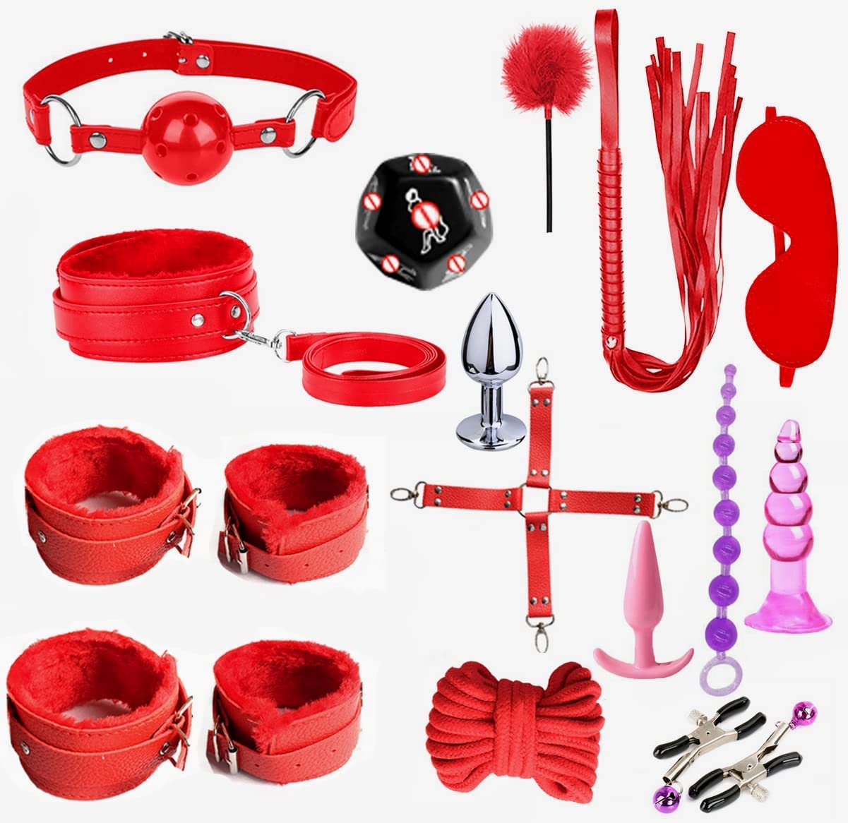 BDSM Restraints Sex Toys 15 Pcs for Couples Bondage Kits Fetish Bed Restraints Set for Beginners SM Adult Games Spanking Paddle: Red