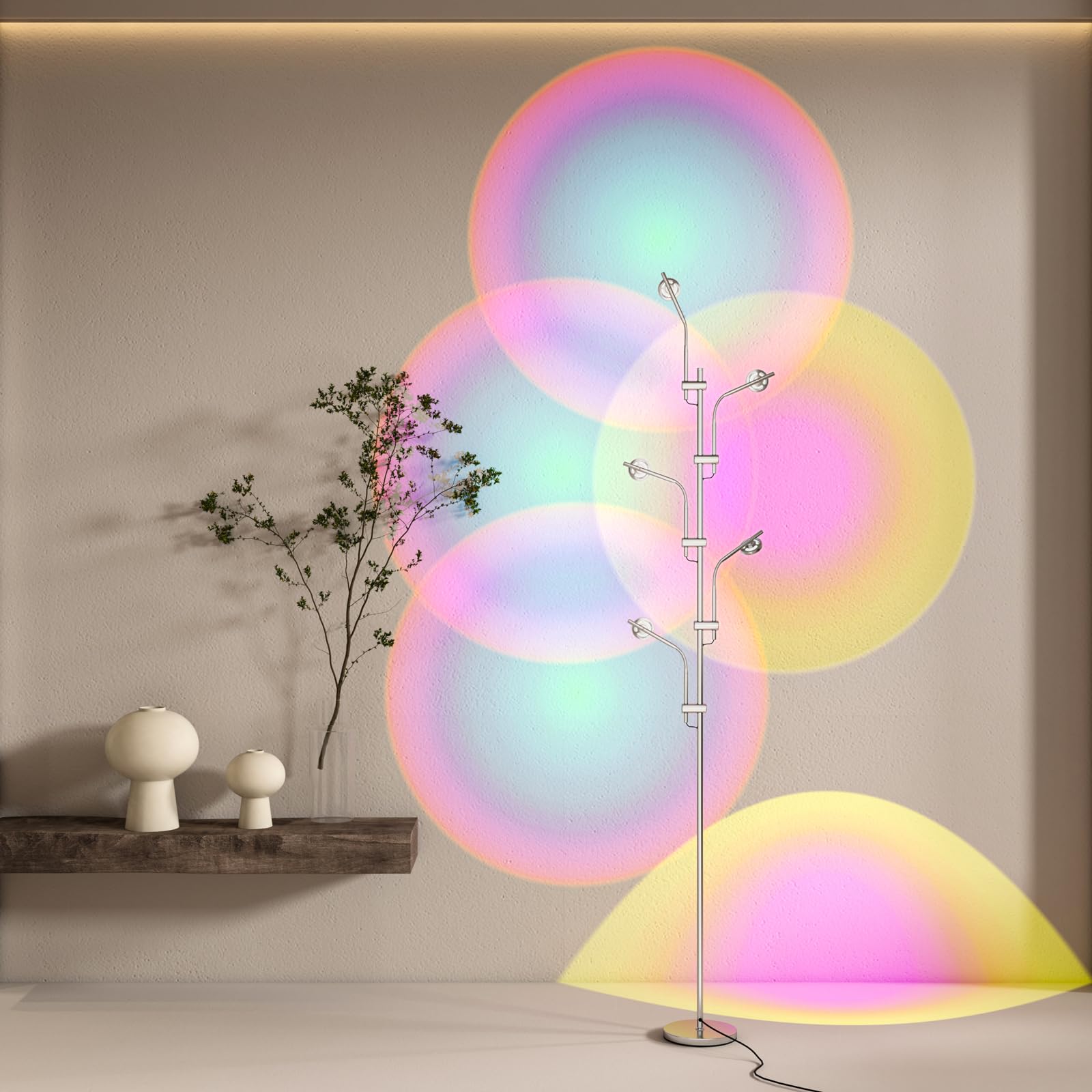 TACAHE RGBW Halo Projector Floor Lamp - 4000K LED with Replaceable Color Filters - Light and Shadow Mood Light - Multi-Head Ambient Decor Lighting for Bedroom, Living Room - 73" - 12W - Chrome thumbnail 1