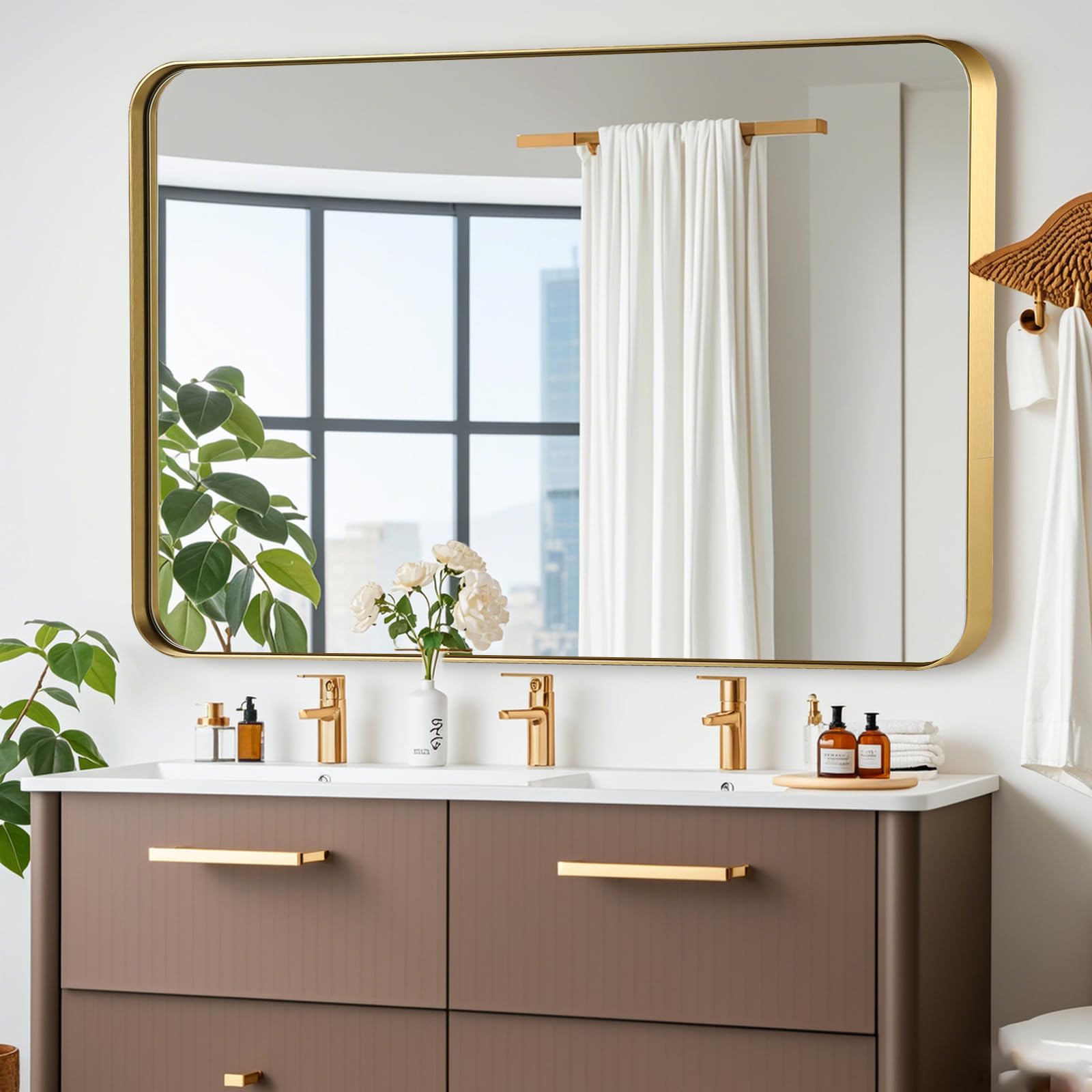 JENBELY 40x30 Inch Gold Bathroom Mirror, Brushed Metal Framed Rectangle Mirror with Rounded Corner, Gold Bathroom Vanity Mirror for Bedroom or Living Room, Horizontal/Vertical: 40"L x 30"W Gold